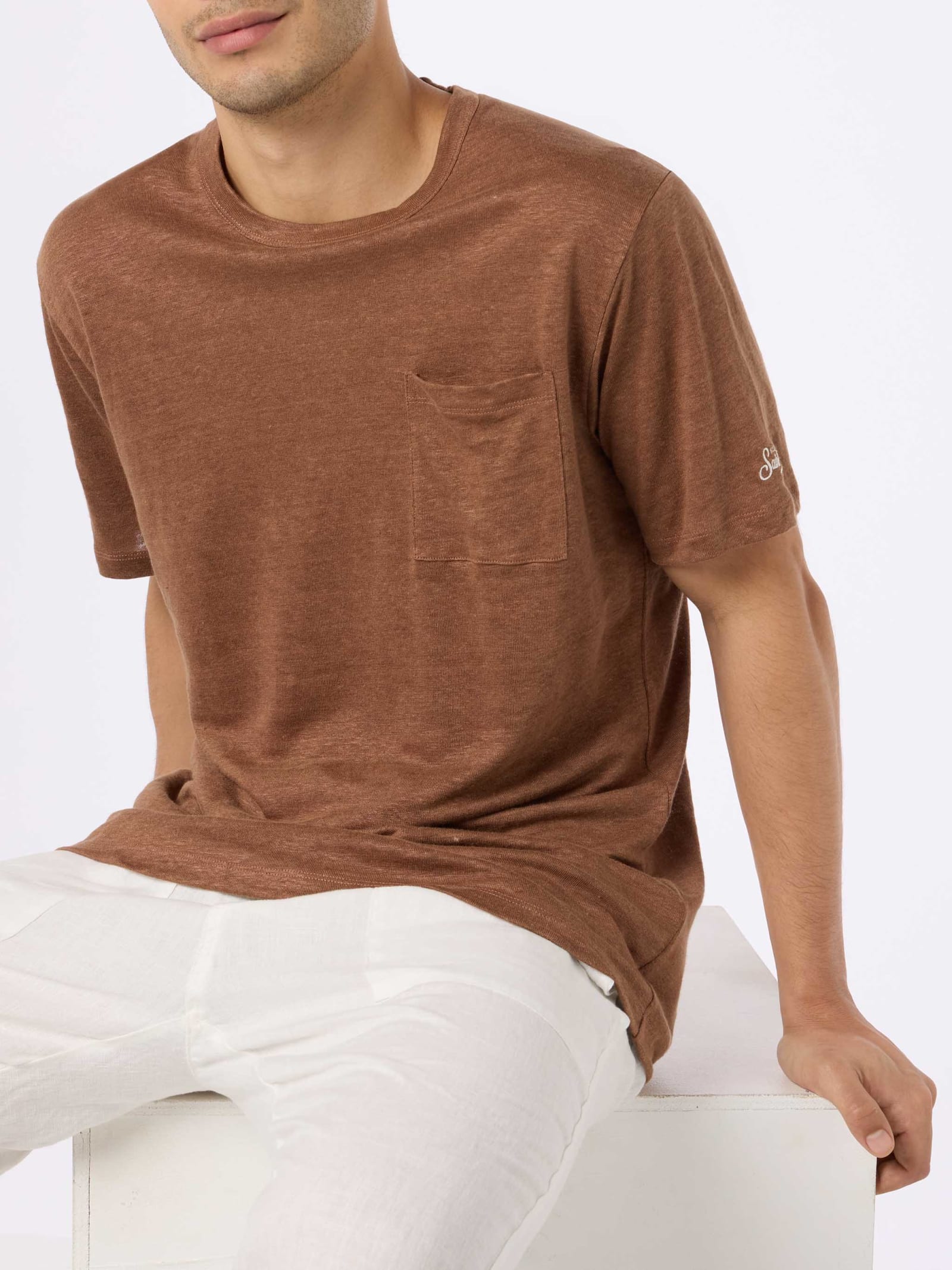 Shop Mc2 Saint Barth Man Brown Linen Jersey T-shirt Ecstasea With Pocket