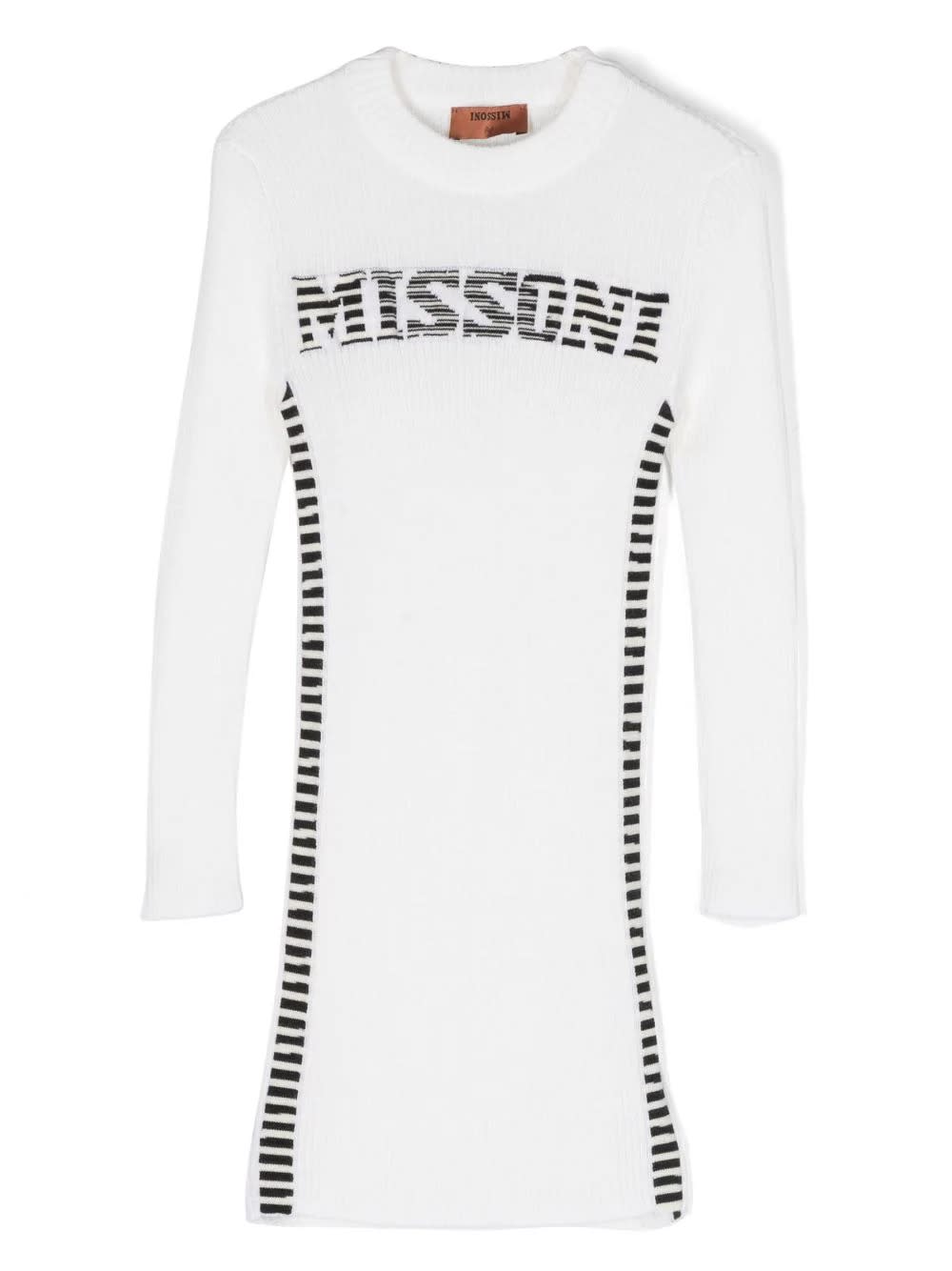 Missoni Kids' White Knitted Dress With Logo In White/black
