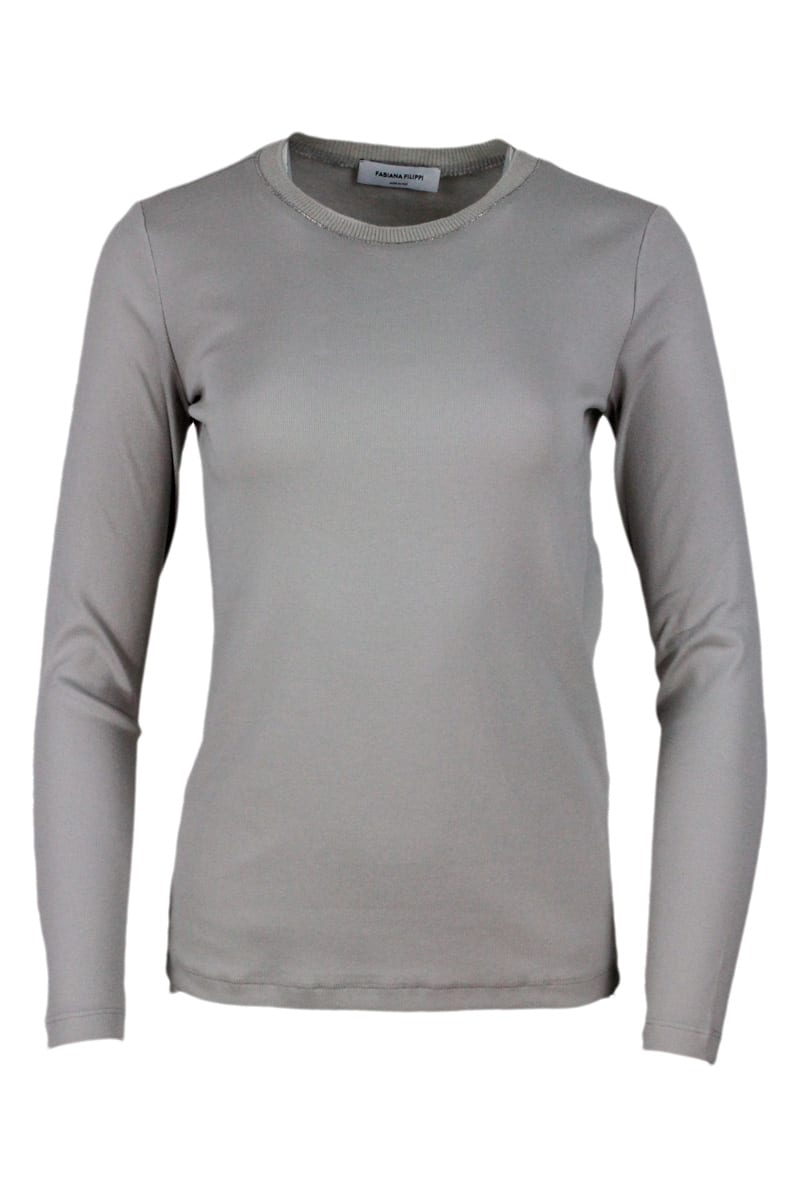 Fabiana Filippi T-shirt In Ribbed Stretch Cotton Jersey With Long Sleeves And Round Neck With Shiny Sparkling Stripes