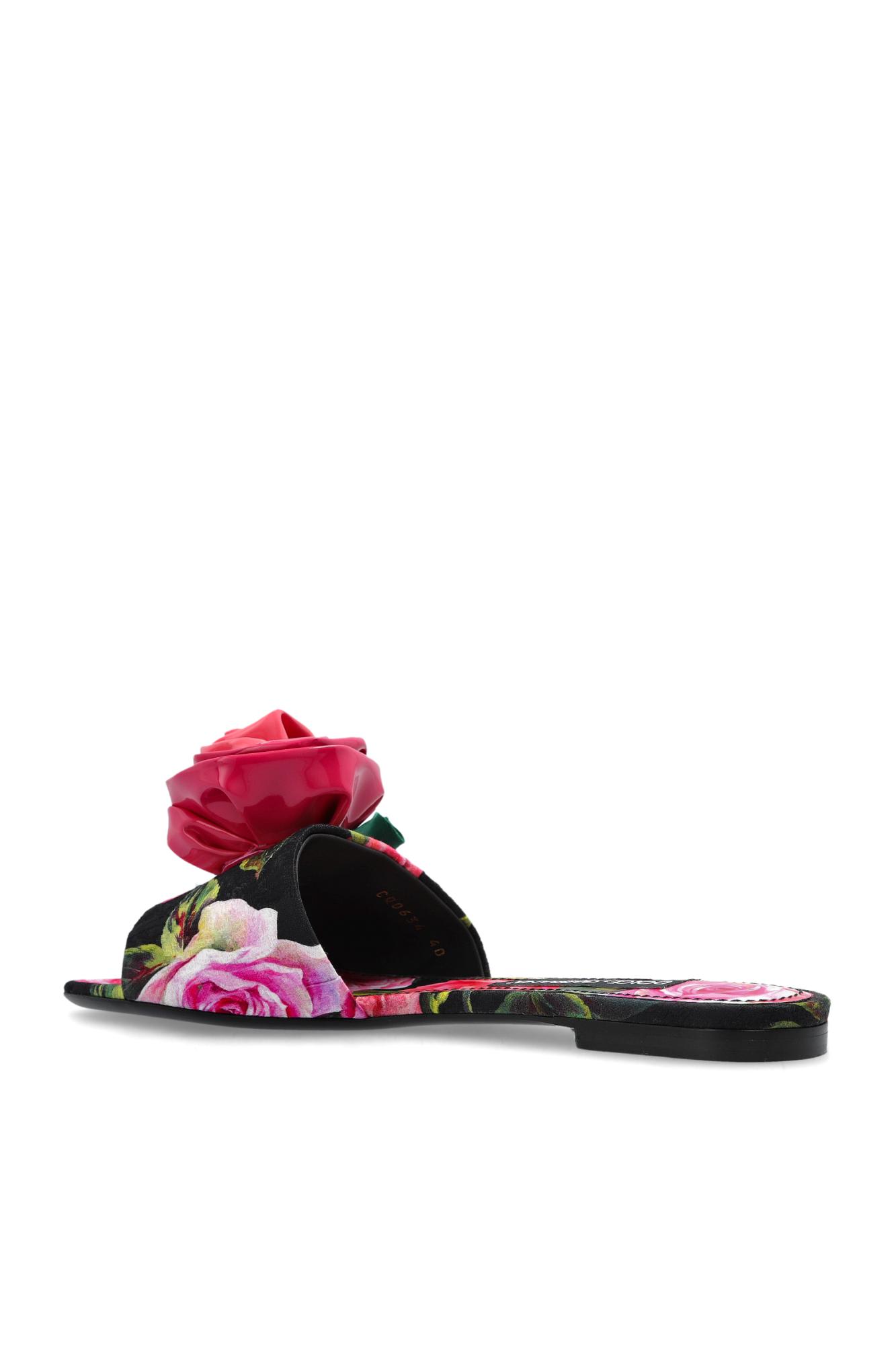 Dolce & Gabbana Rose Embellished Printed Flat Sandals In Black