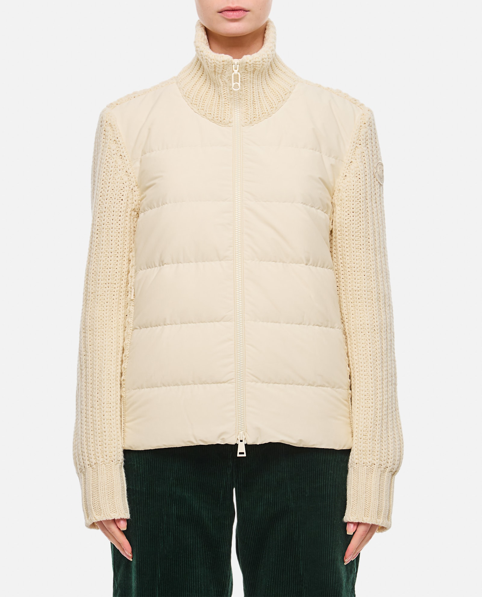 Shop Moncler Knitted Sleeve Jacket In White