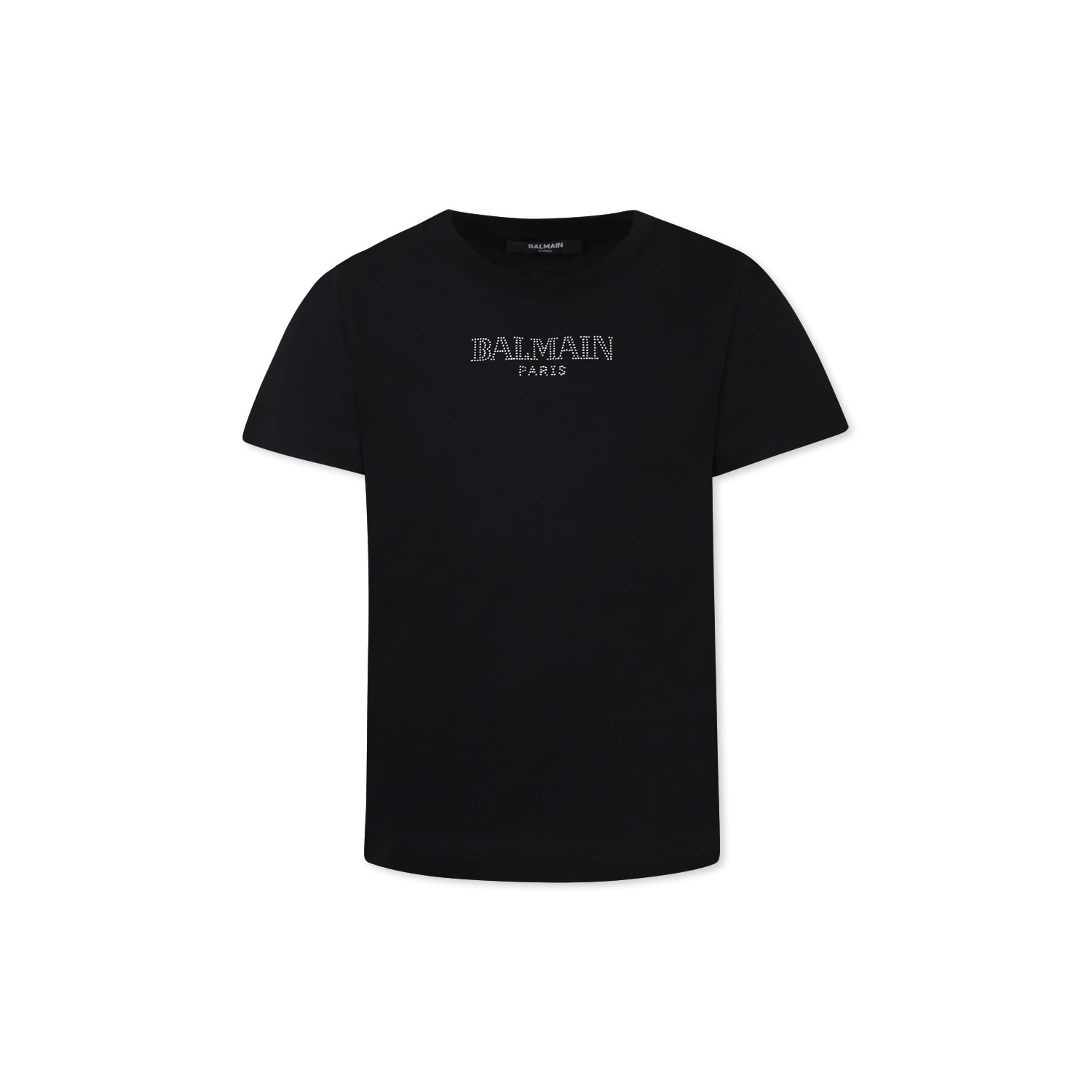 Shop Balmain Black T-shirt For Girl With A Silver Rhinestone Logo