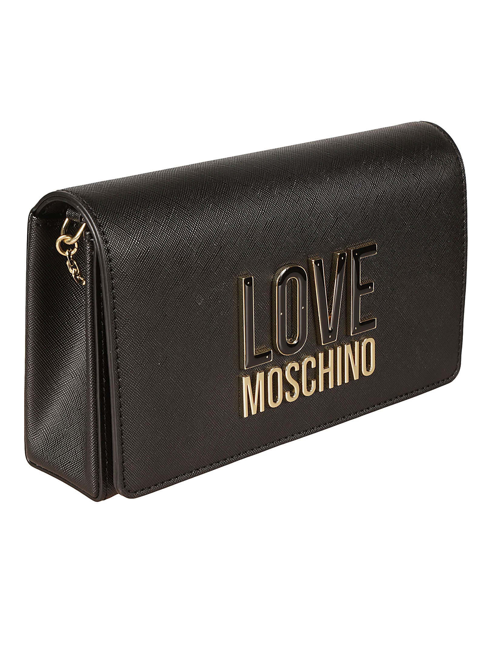 Shop Love Moschino Logo Embossed Flap Shoulder Bag In Black