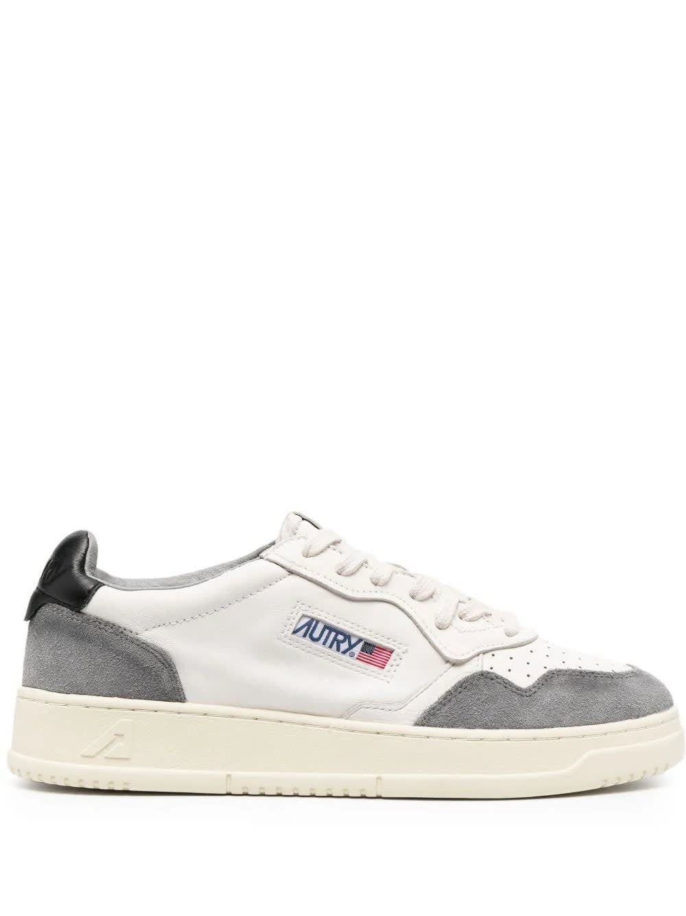 Shop Autry Medalist Low Sneakers In Grey Suede And White Leather In Grey/black