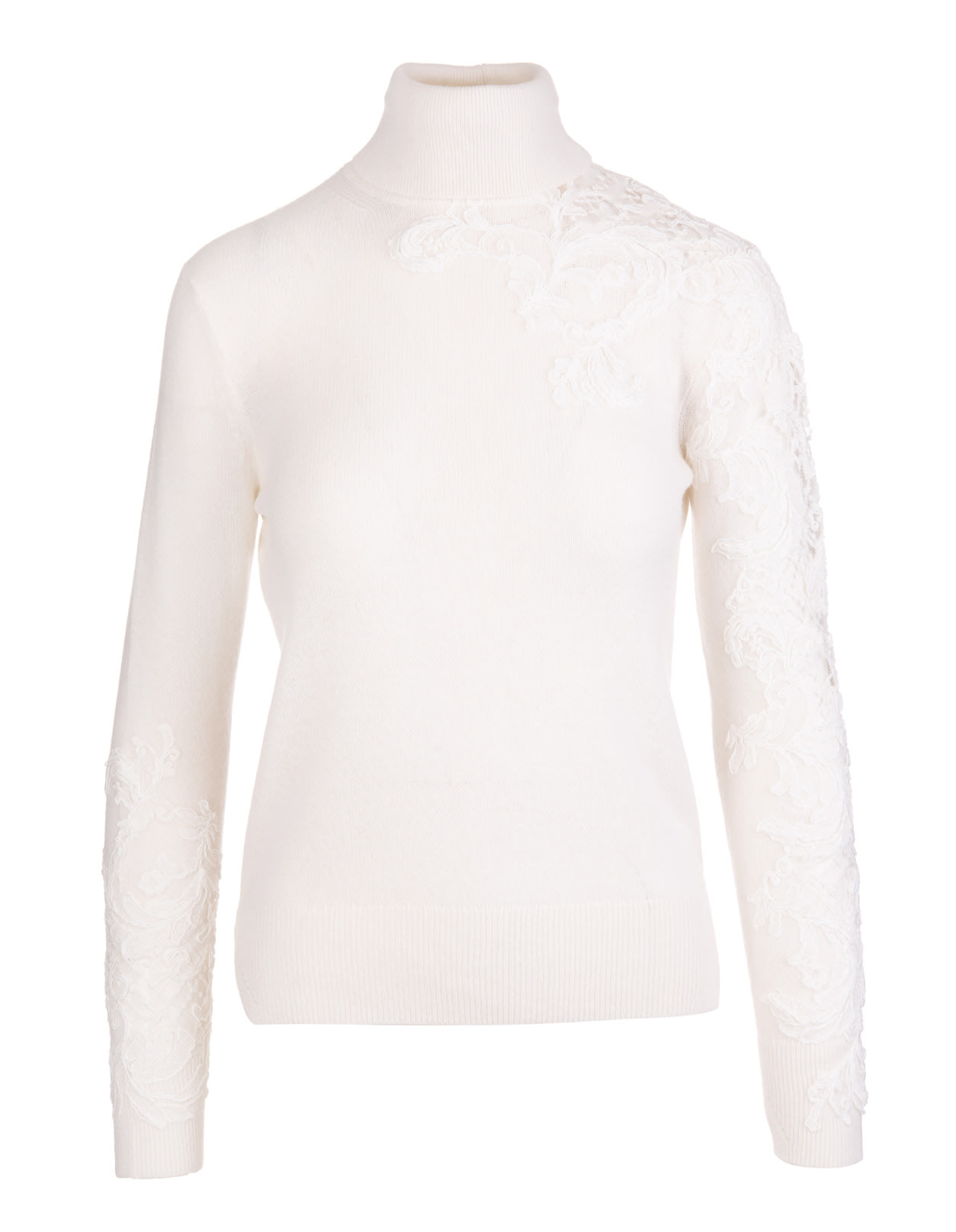 Ermanno Scervino White Turtleneck Sweater With Lace Cutouts