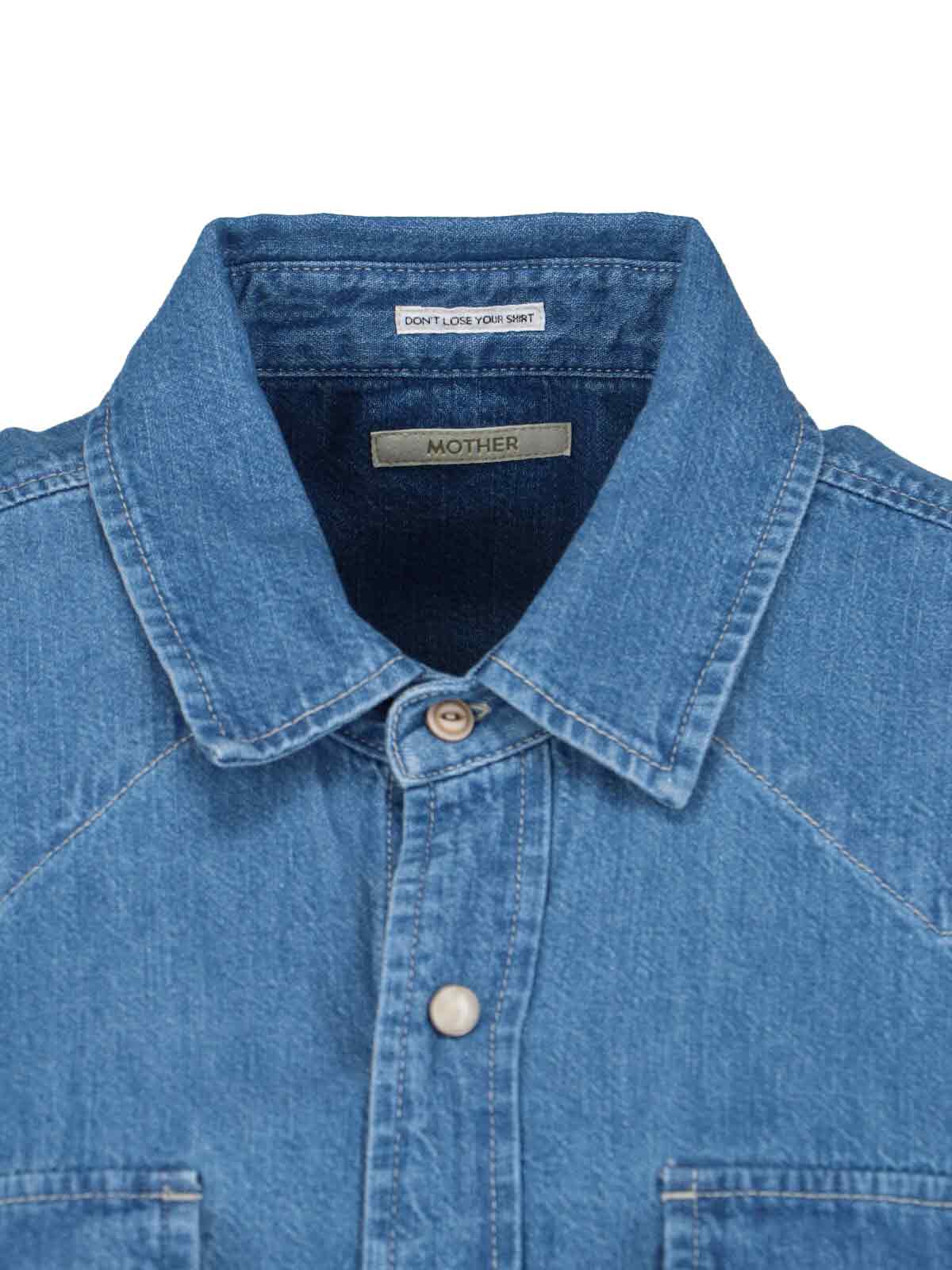 Mother The Western Distressed Denim Overshirt In Blue