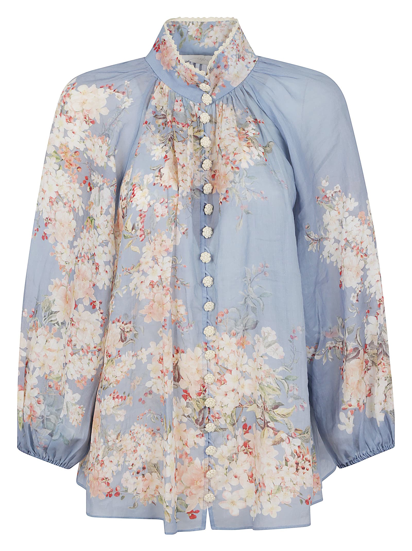 Zimmermann Cascadian Lace-trimmed Floral-print Ramie Blouse In Blue