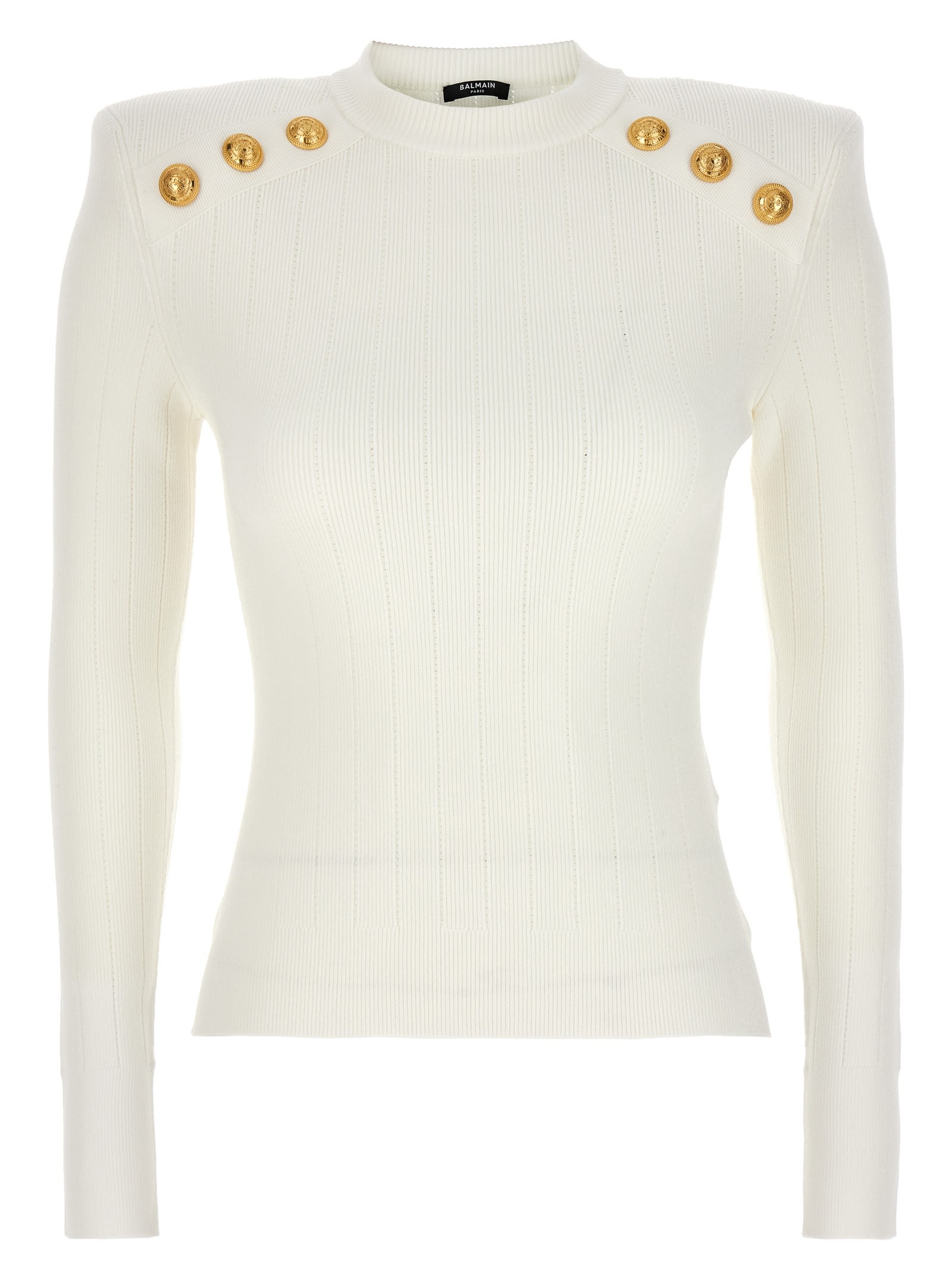 Shop Balmain Logo Button Sweater In White