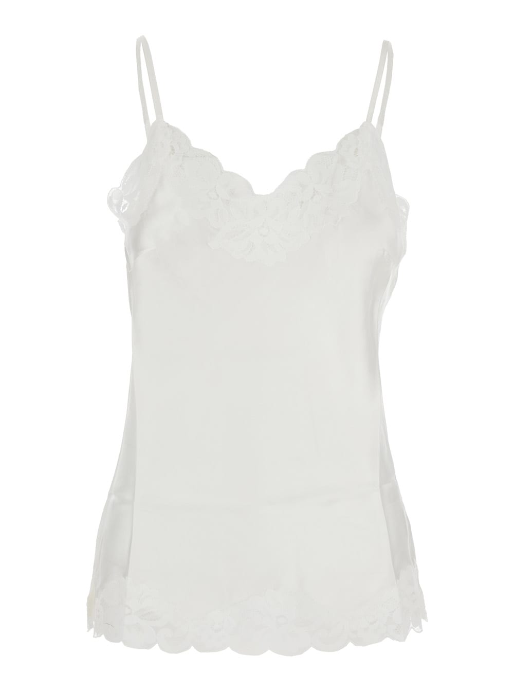 White Sleeveless Top With Adjustable Spaghetti Straps And Floral Emellishment In Silk Woman
