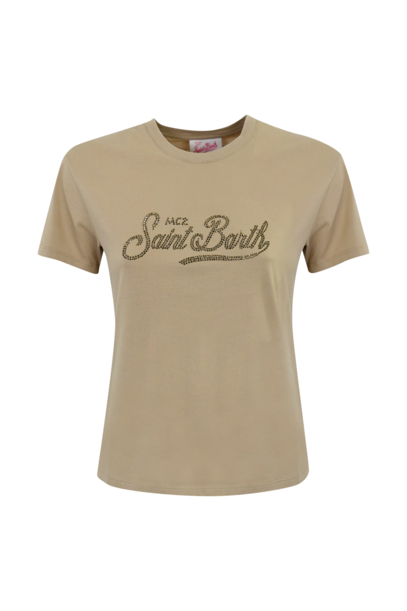 Mc2 Saint Barth Emilie T-shirt With Beige Rhinestone Logo In Neutral