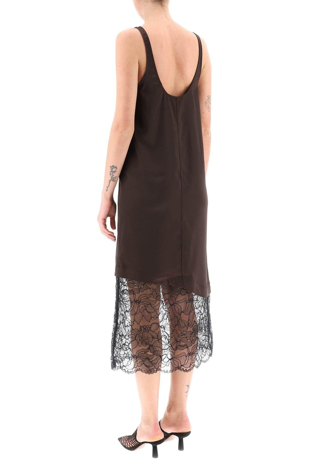 Shop Ganni Satin Slip Dress With Lace Insert In Dark