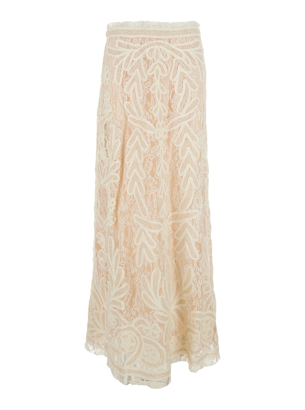 Parosh Beige Long Skirt With All-over Lace Embroidery In Tech Fabric Woman