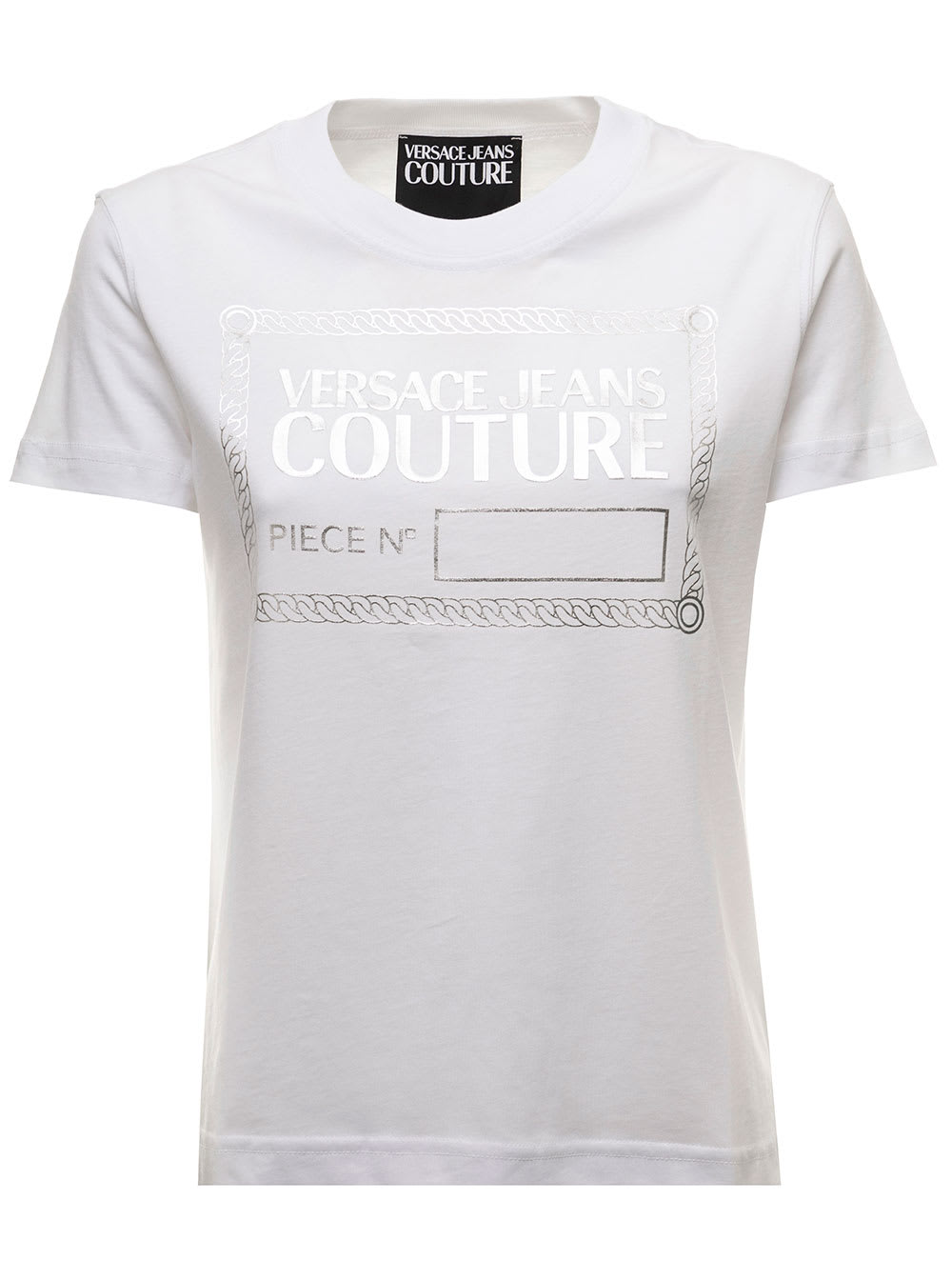 White T-shirt In Jhersey With Silver-tone Foi Logo Print Woman Versace
