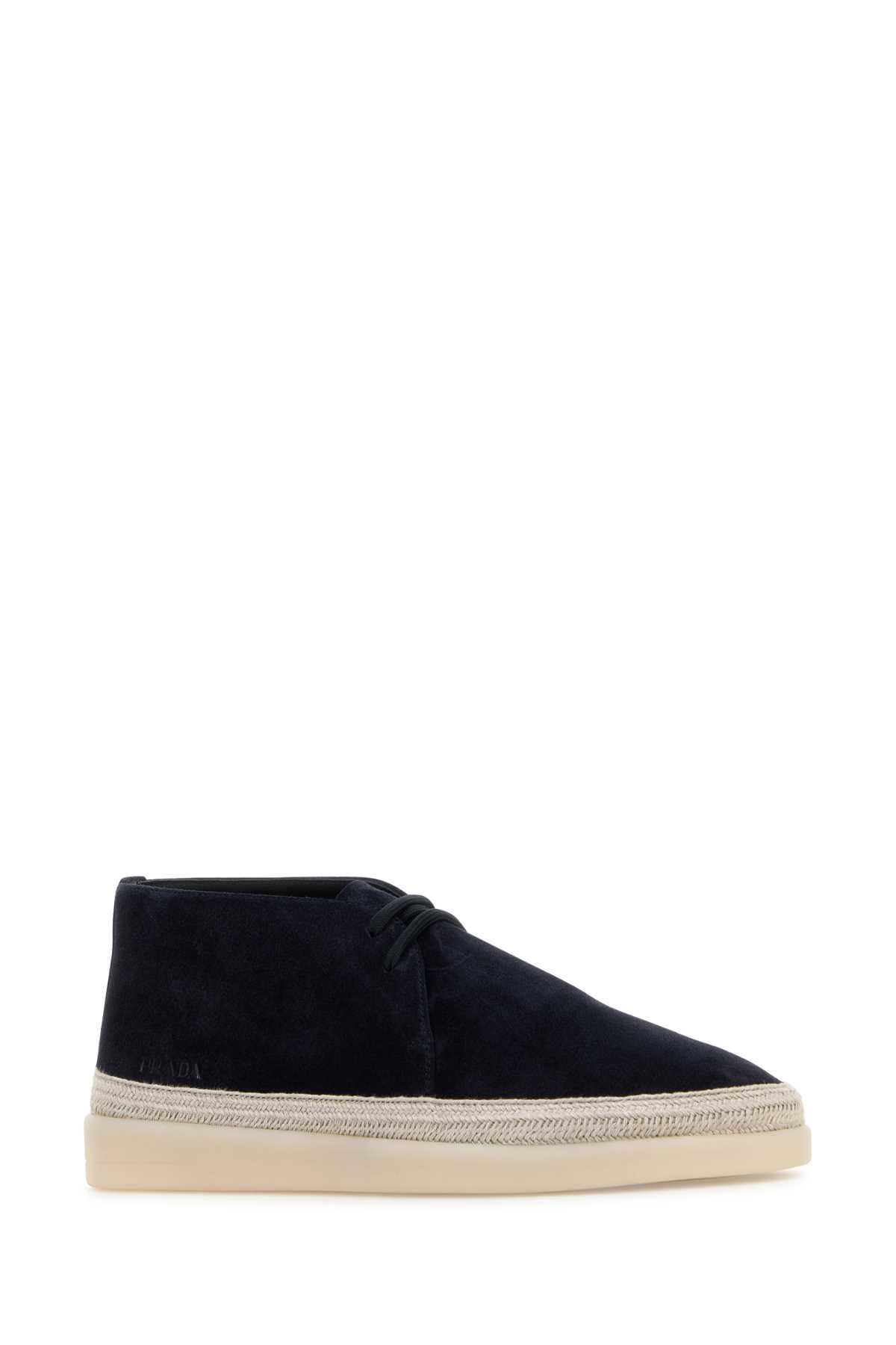 Prada Midnight Blue Suede Ankle Boots In Black