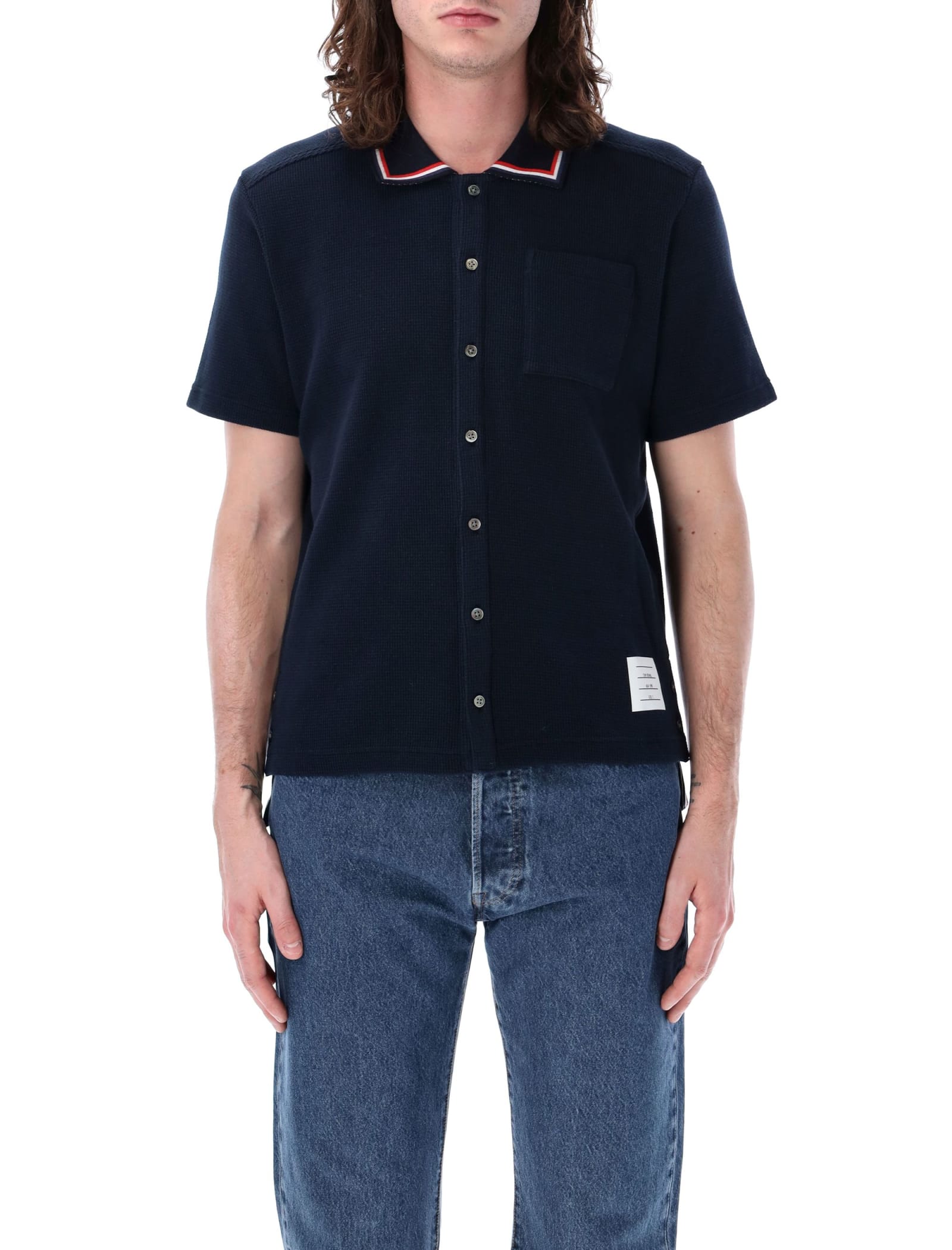Shop Thom Browne Textured Knit Polo Shirt In Navy
