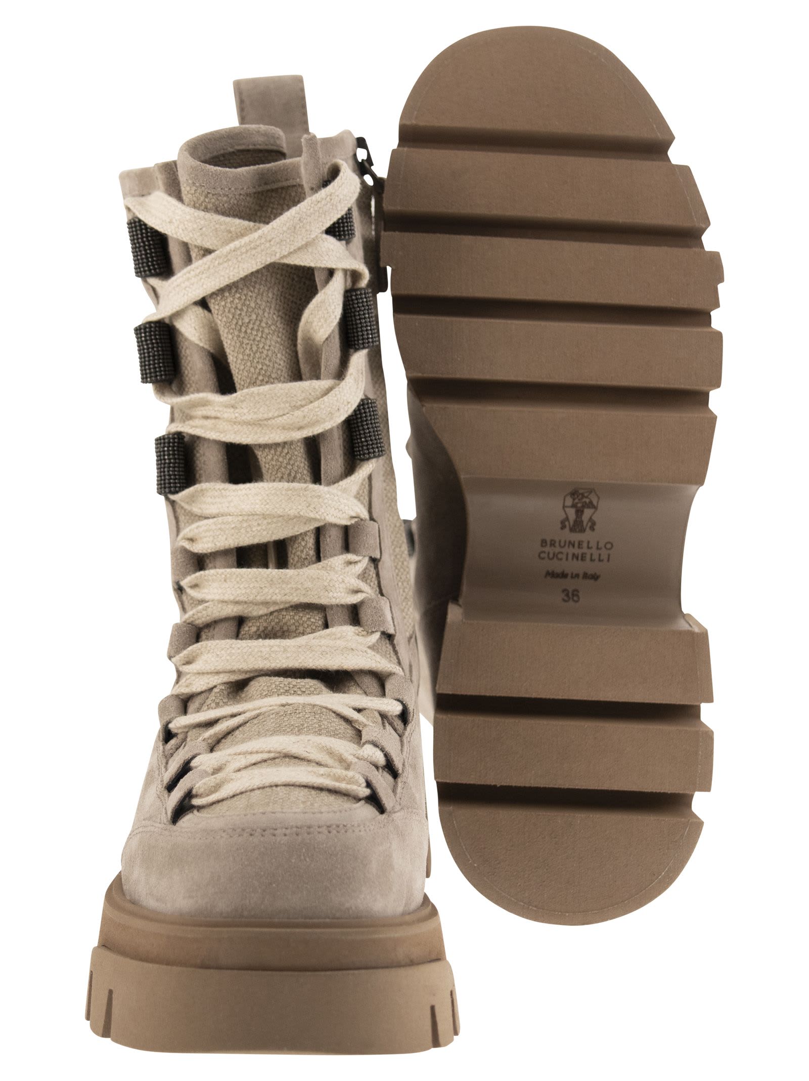 BRUNELLO CUCINELLI SUEDE AND CANVAS BOOTS WITH PRECIOUS EYELETS