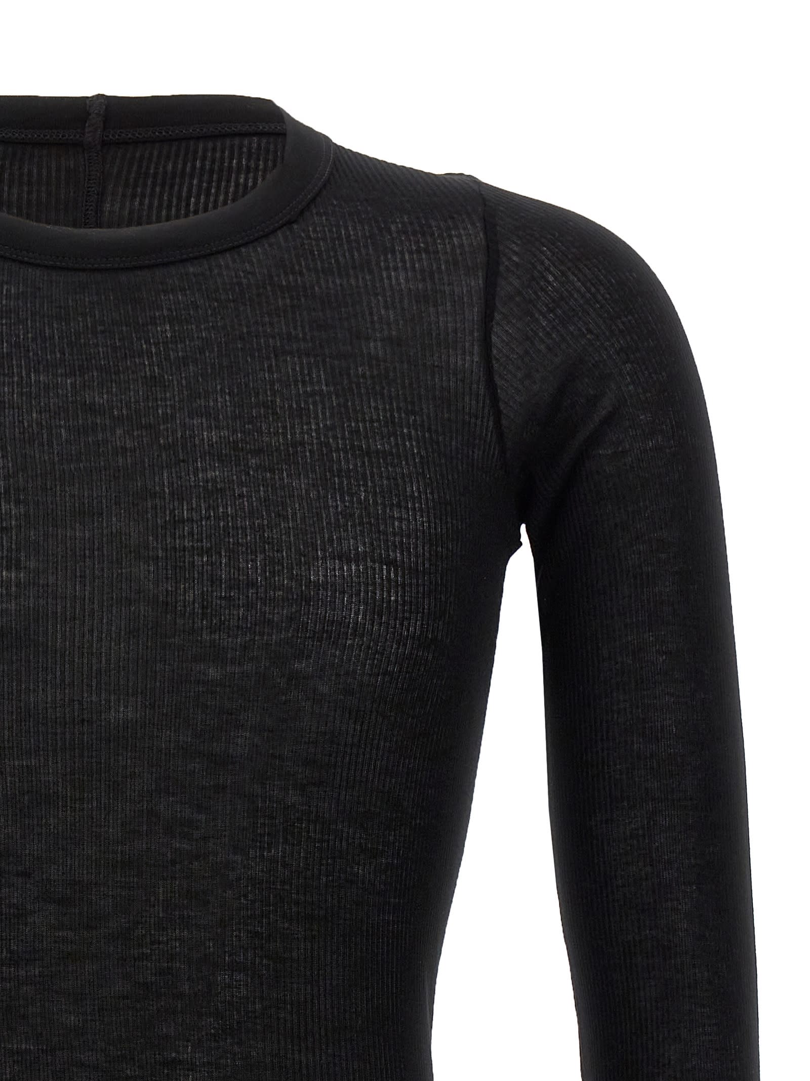 Rick Owens Black Cotton Ribbed Long Sleeves T-shirt In Black