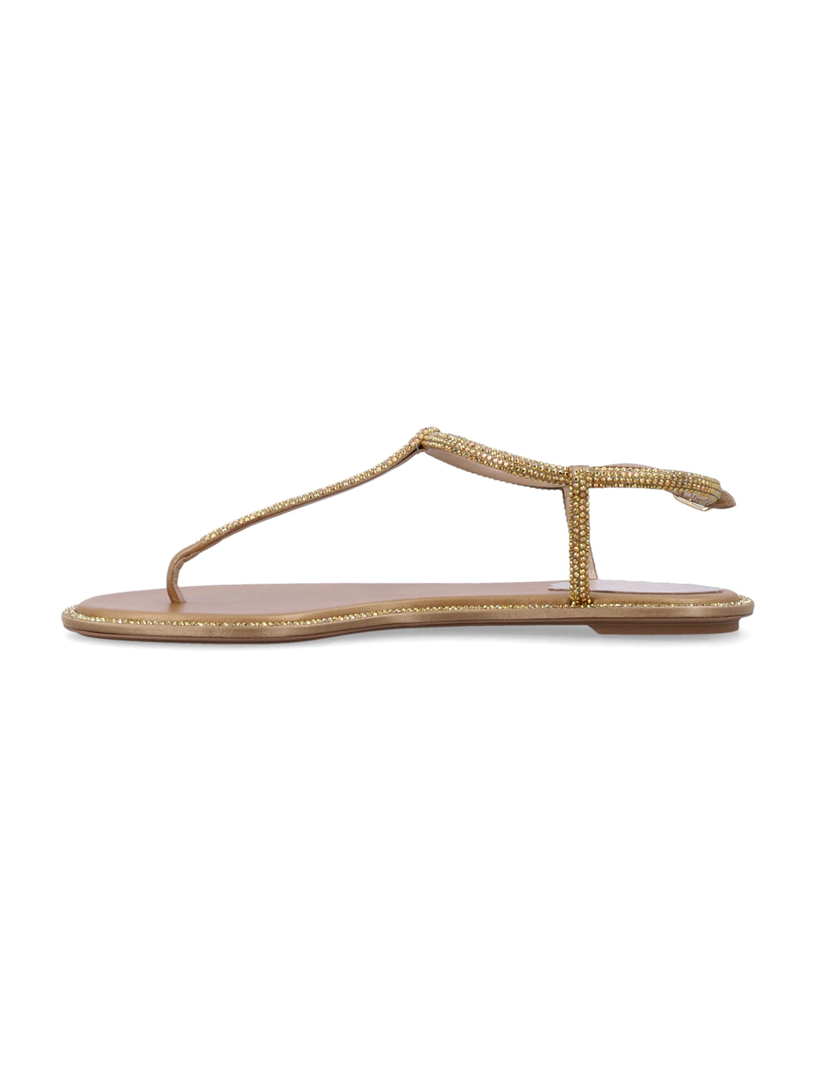René Caovilla Embellished Ankle Strap Thong Sandals In Beige Gold Satin