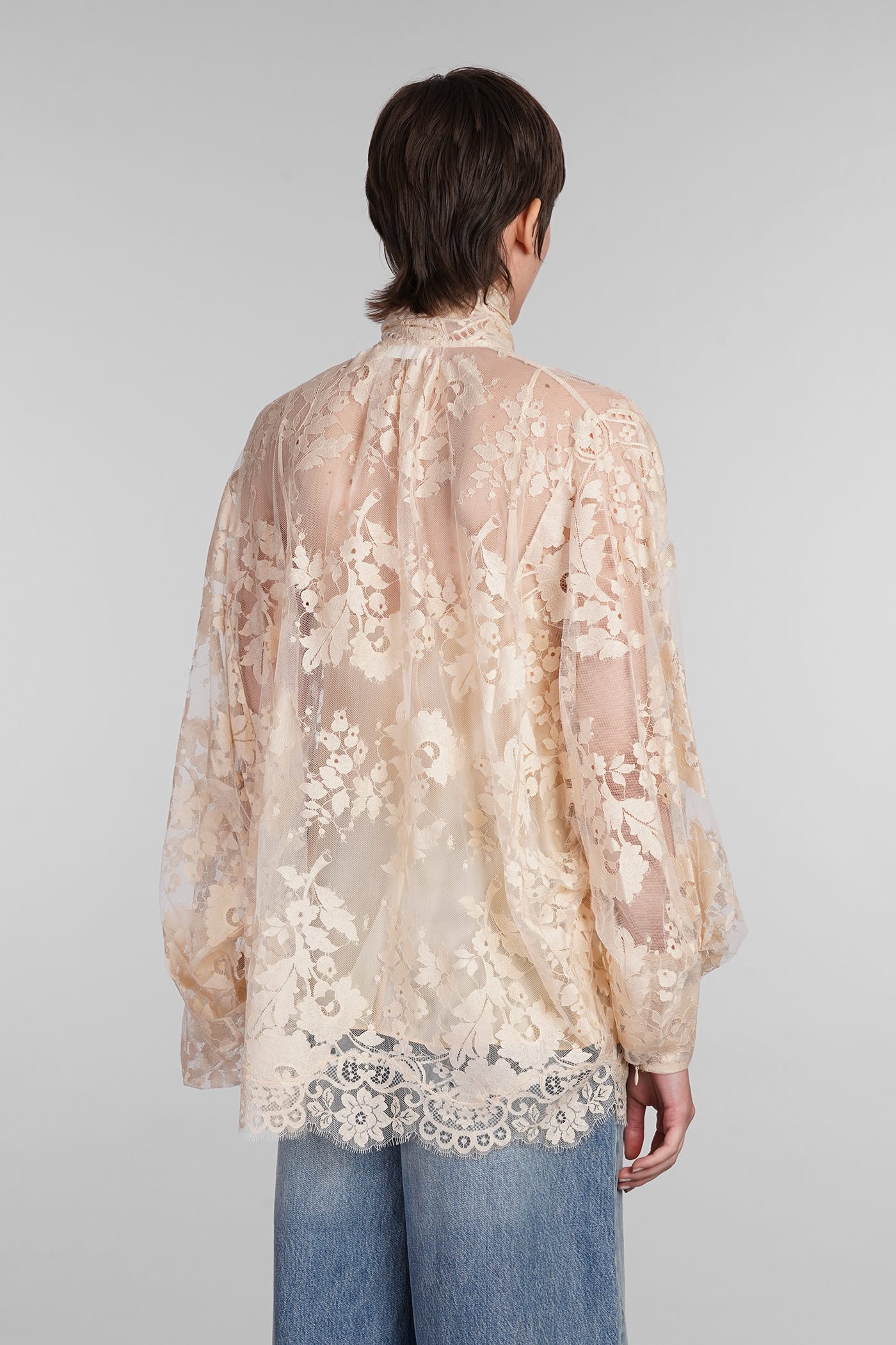 Zimmermann Illustration Pussy-bow Scalloped Cotton-blend Lace Blouse In Beige