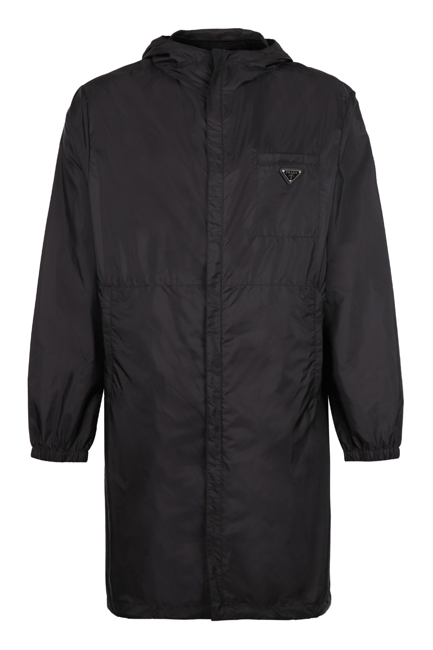 Prada Hooded Techno Fabric Raincoat In Black