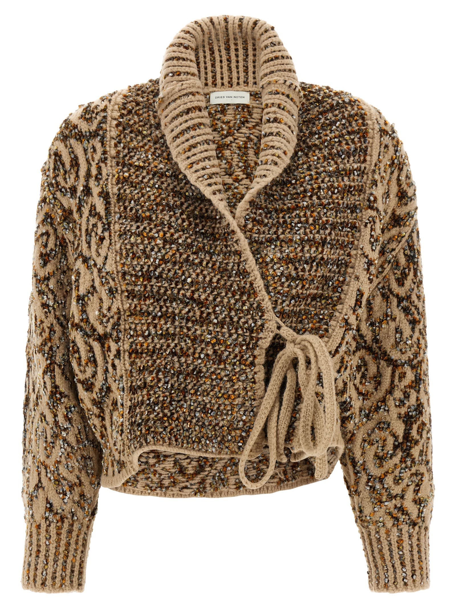 Dries Van Noten Textured Knit Cardigan Shawl Collar In Brown