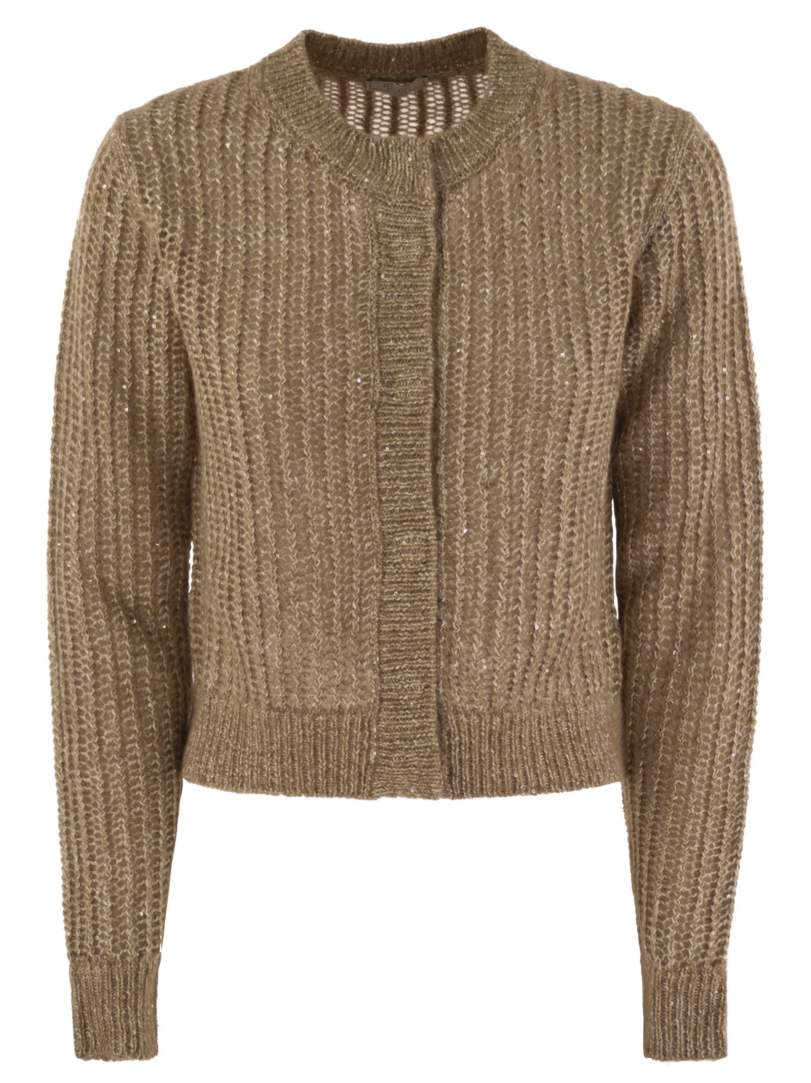 Shop Peserico Tricot Cardigan With Micro-sequins In Hazelnut