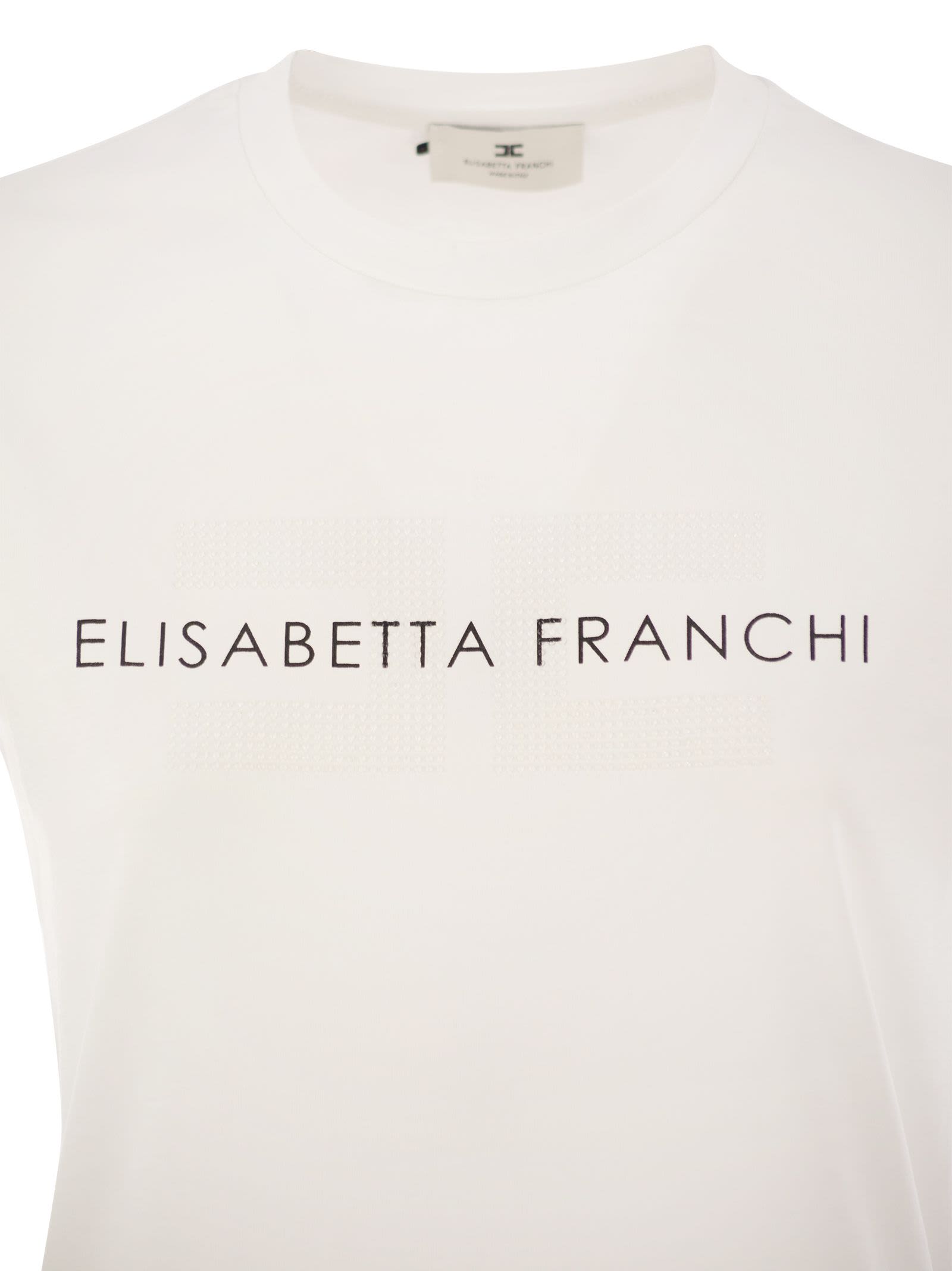 Shop Elisabetta Franchi T-shirt In Jersey Con Logo Strass In Chalk