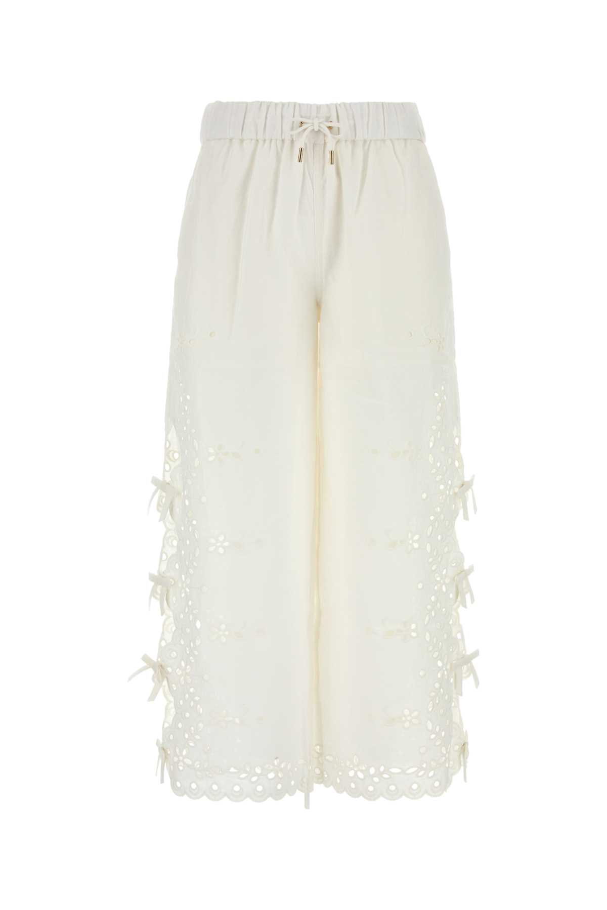 Self-portrait Embroidered Linen And Cotton Wide-leg Pants