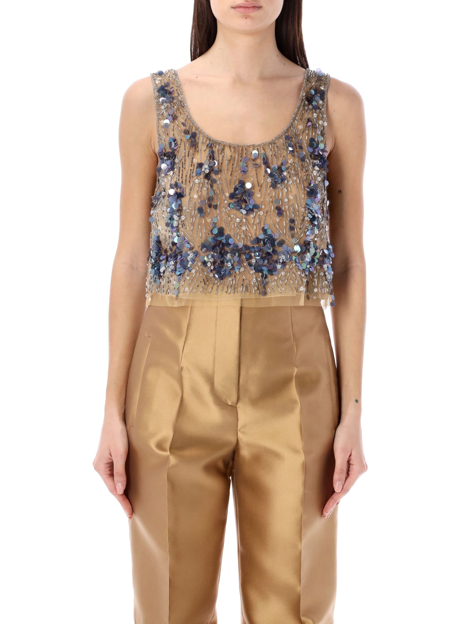 Alberta Ferretti Bead-embellished Top In Beige Print