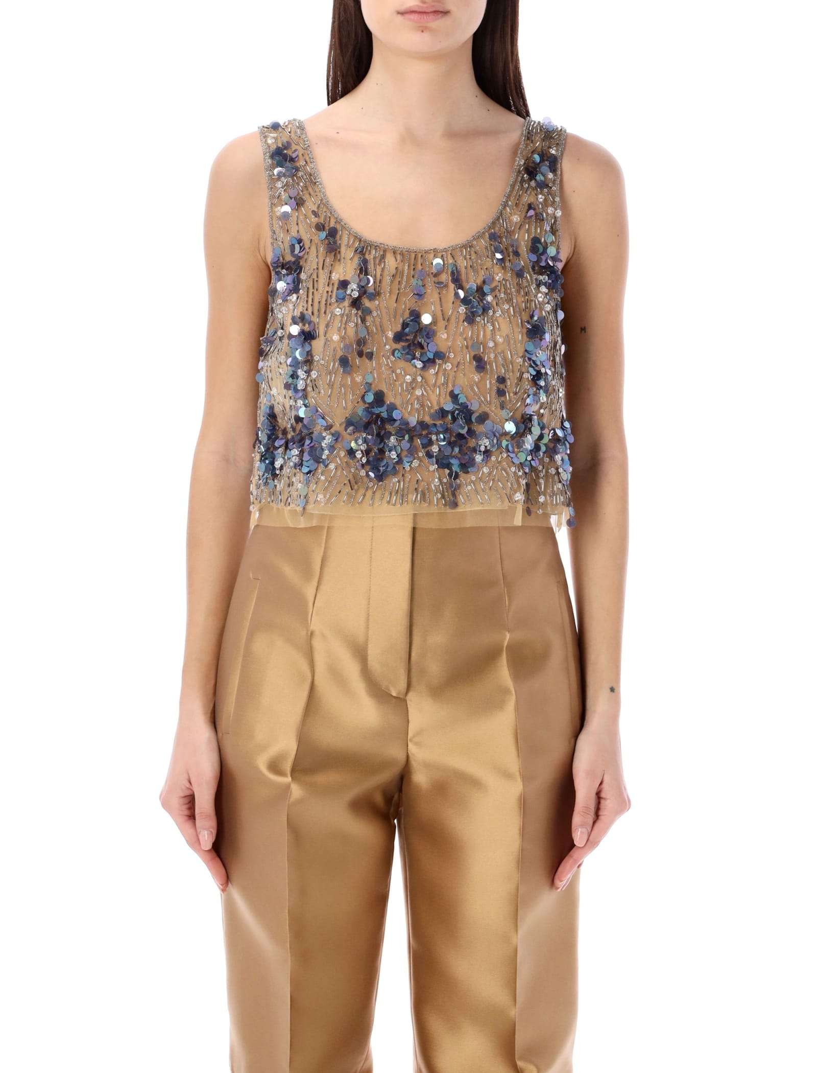 Shop Alberta Ferretti Beads And Sequins Crop Top In Beige