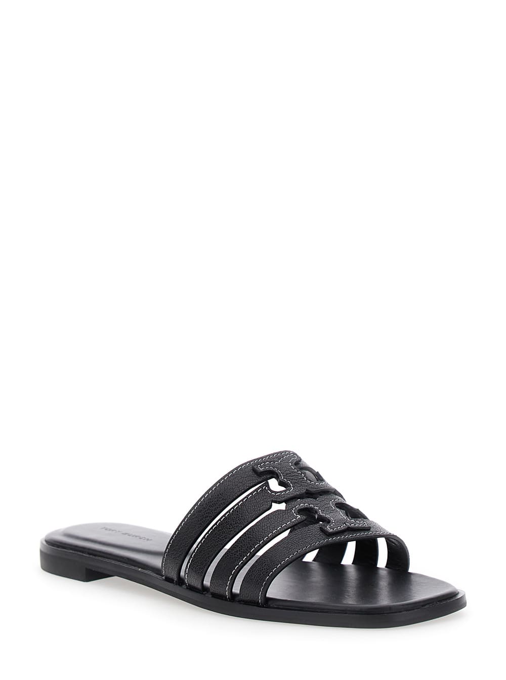 Tory Burch Ines Cage Black Sandals With Double T Motif In Leather Woman