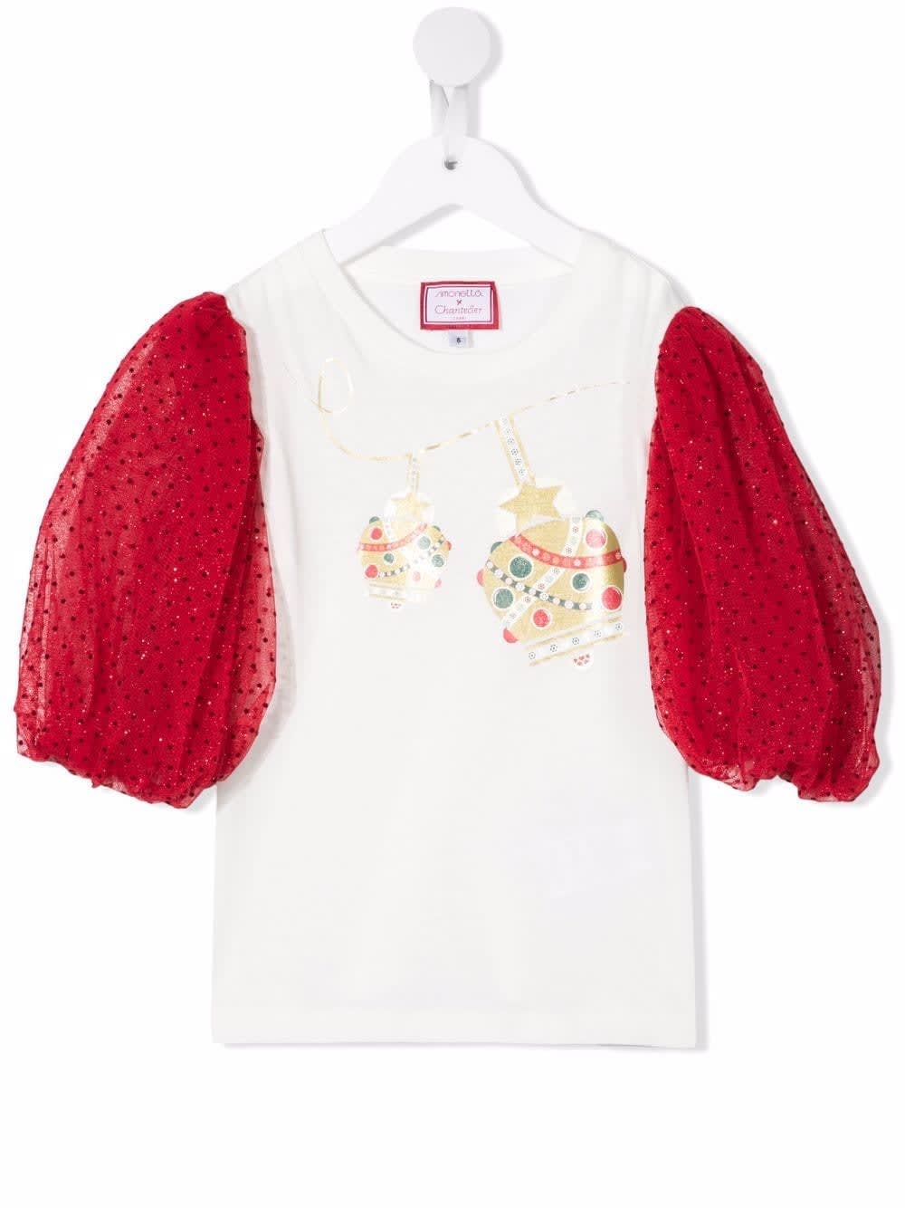 Simonetta Kids White T-shirt With Bells Print And Tulle Sleeves