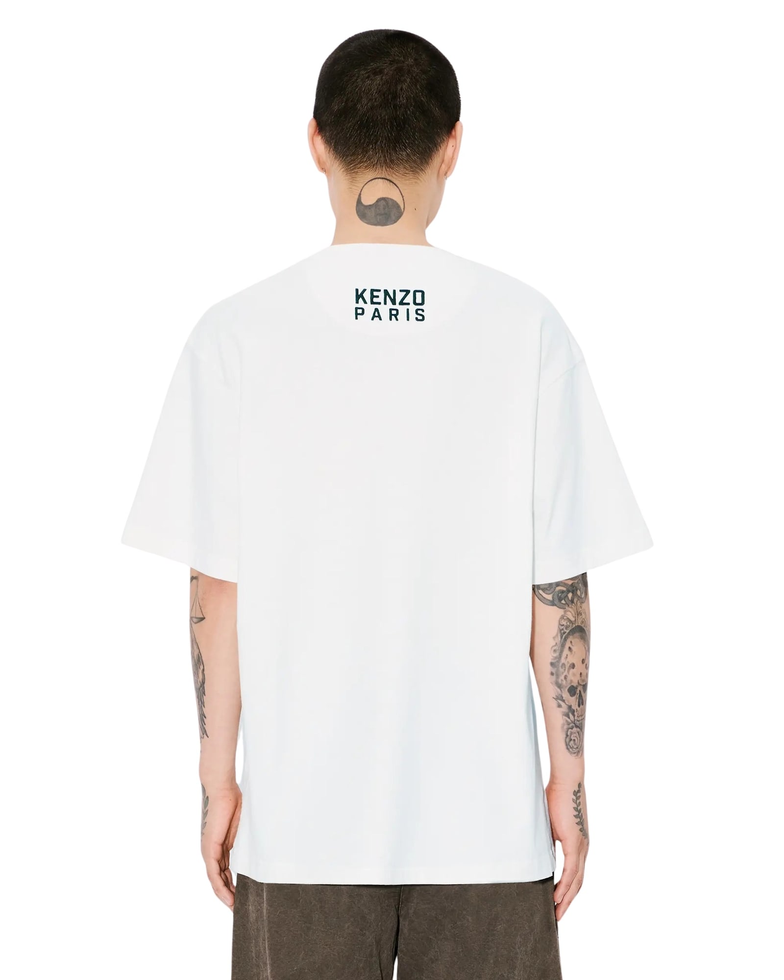Kenzo 'gots Happy Tiger' White Crewneck T-shirt With Maxi Logo Embroidery On The Front And Logo Lettering In Off White
