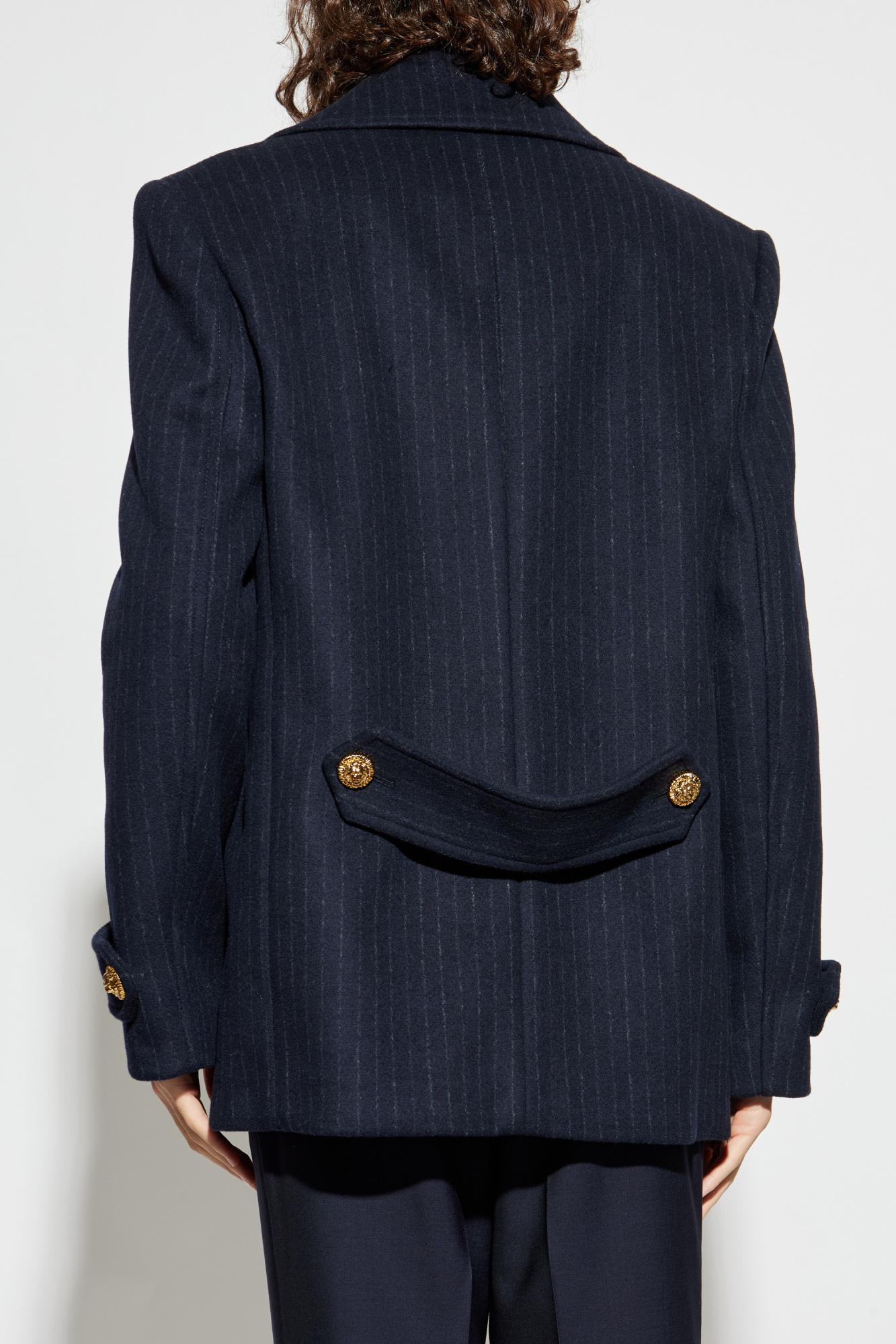Balmain Merino Wool-blend Stripe Pea Coat In Blue