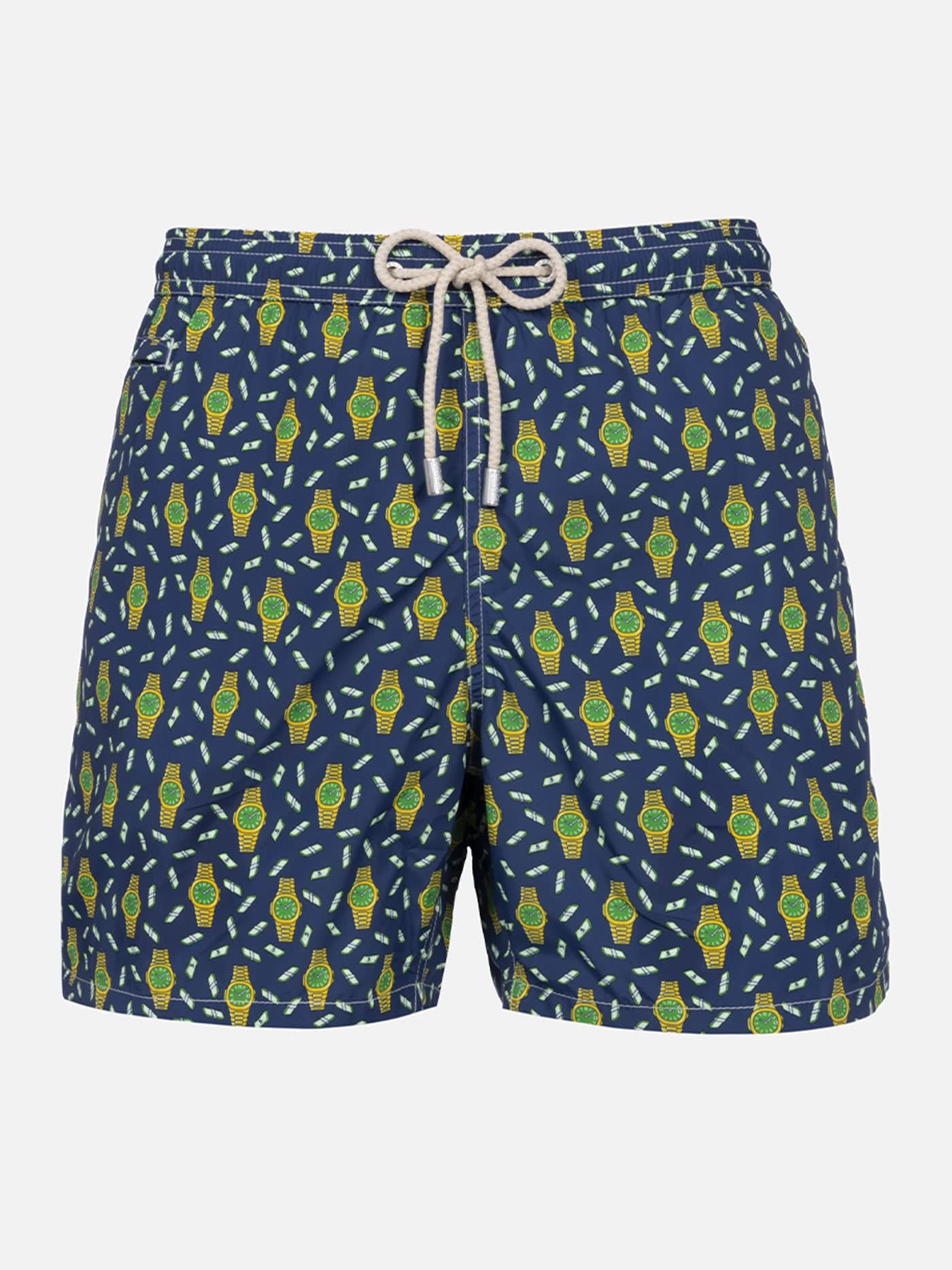 Mc2 Saint Barth Watches-print Swim Shorts In Blue Navy