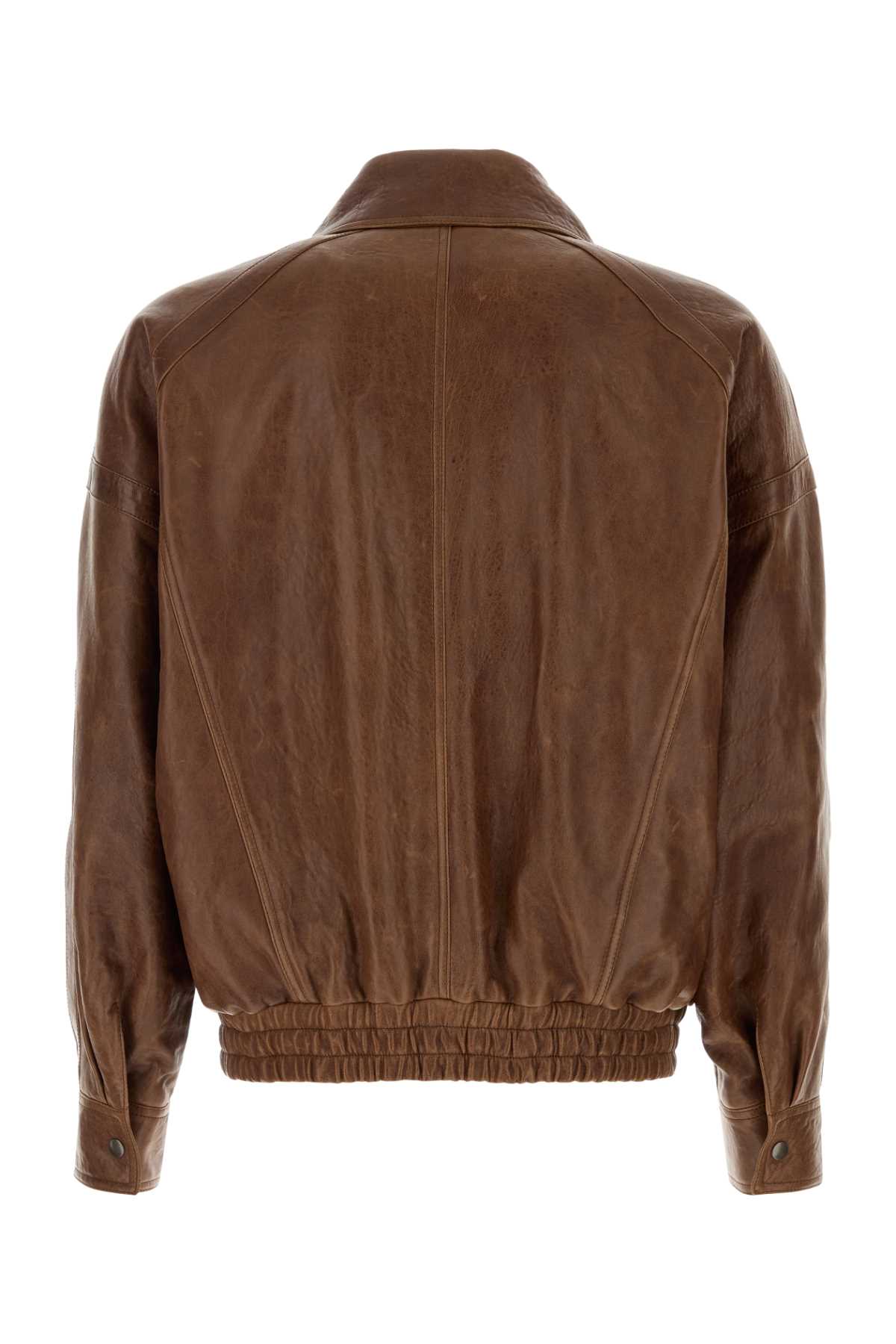 Saint Laurent Leather Jacket With Collared Design And Pockets In Brown