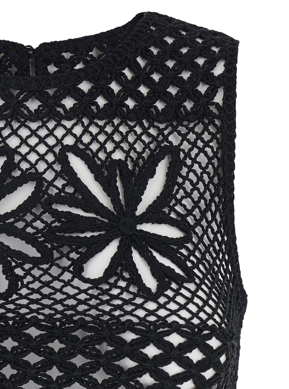 Pinko Black Top With Perforated Design And Diamond Motif And Floral Details In Black