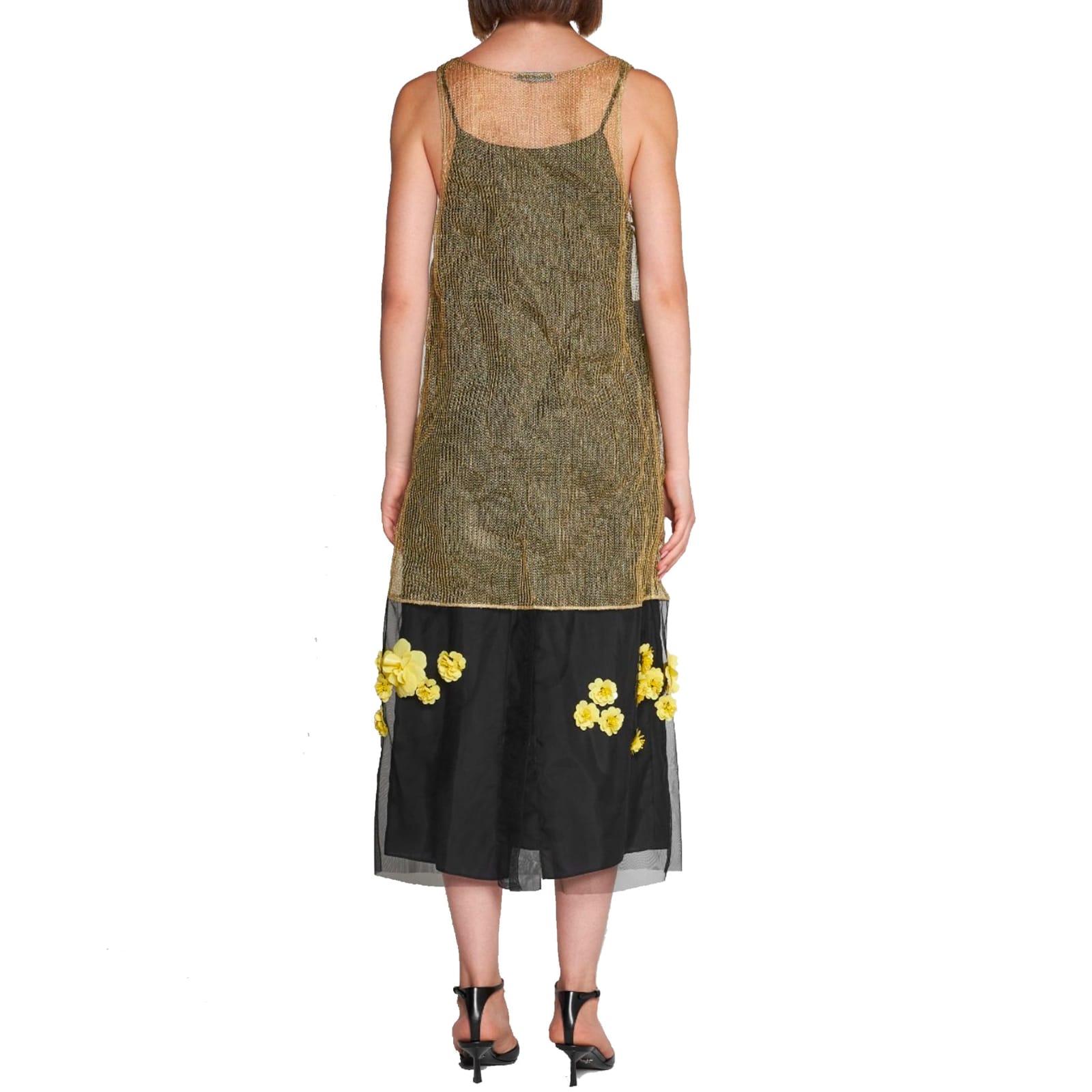 Shop Prada 3d Flowers Lurex Knitted Dress In Gold
