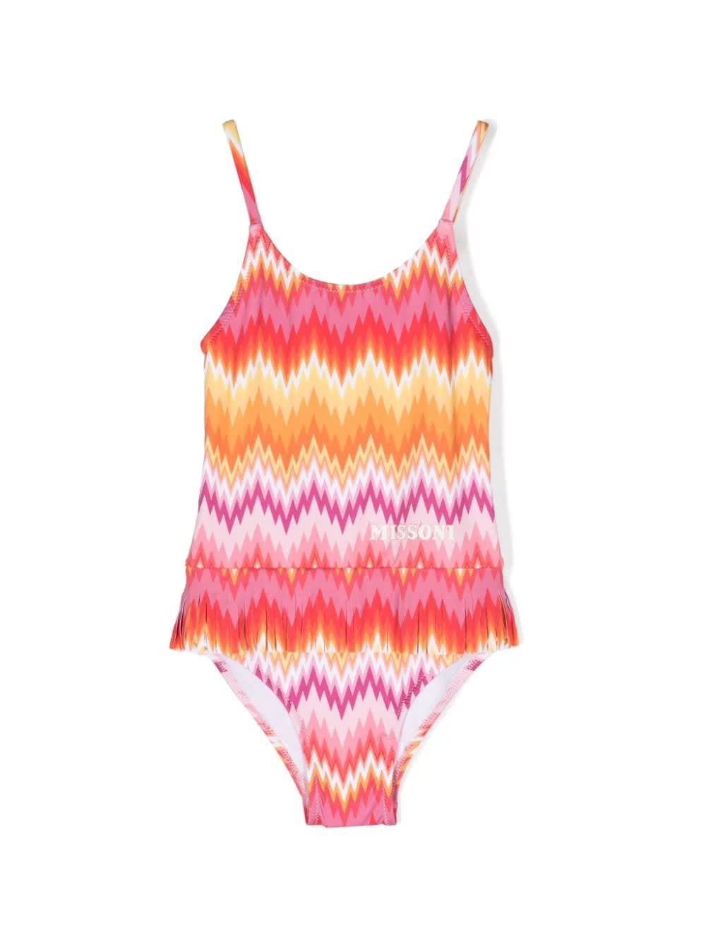 Shop Missoni One Piece Swimwear With Chevron Pattern And Fringes In Pink