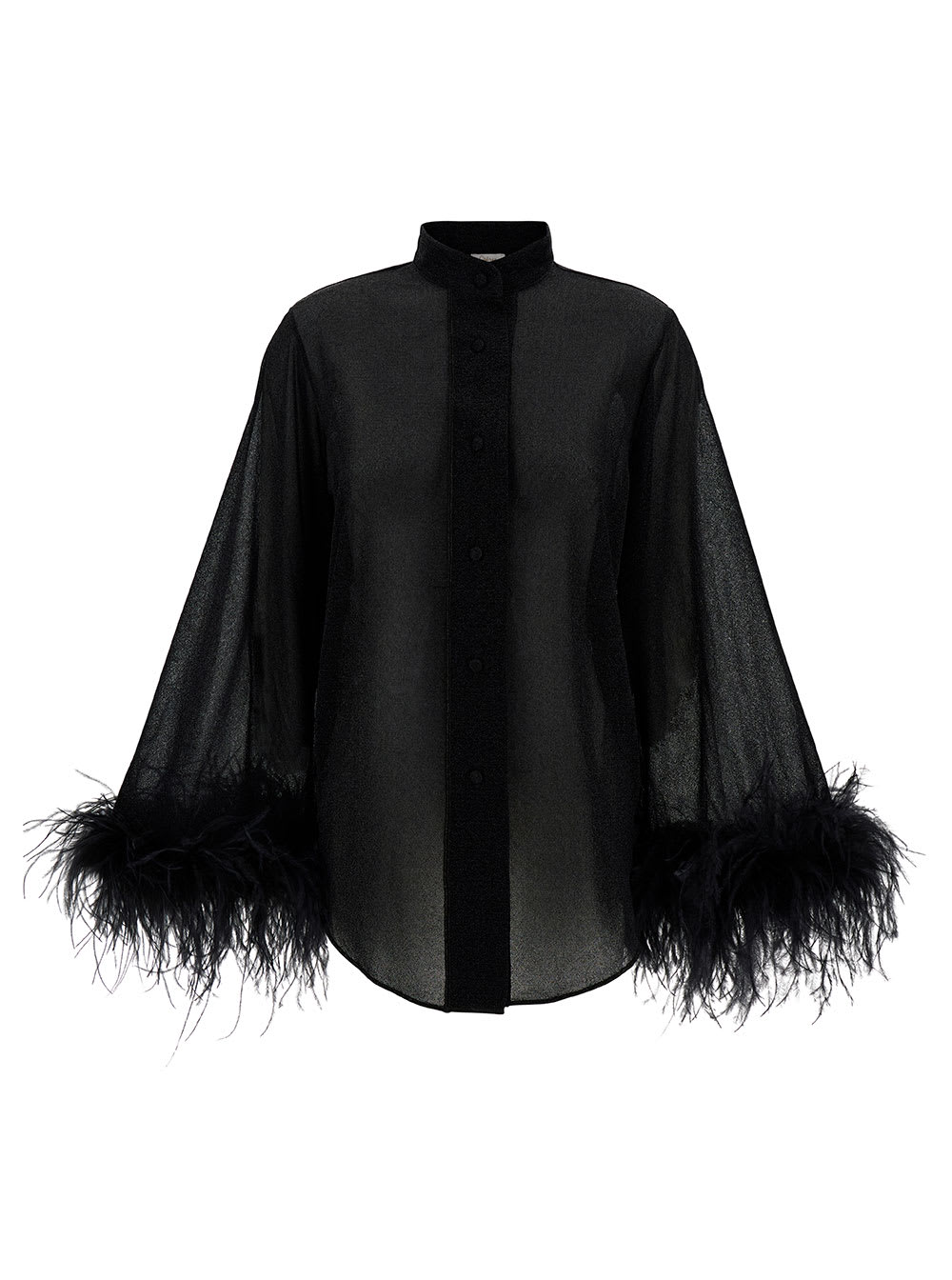 Shop Oseree Lumi?re Black Relaxed Shirt With Tonal Feathers In Polyamide Blend Woman