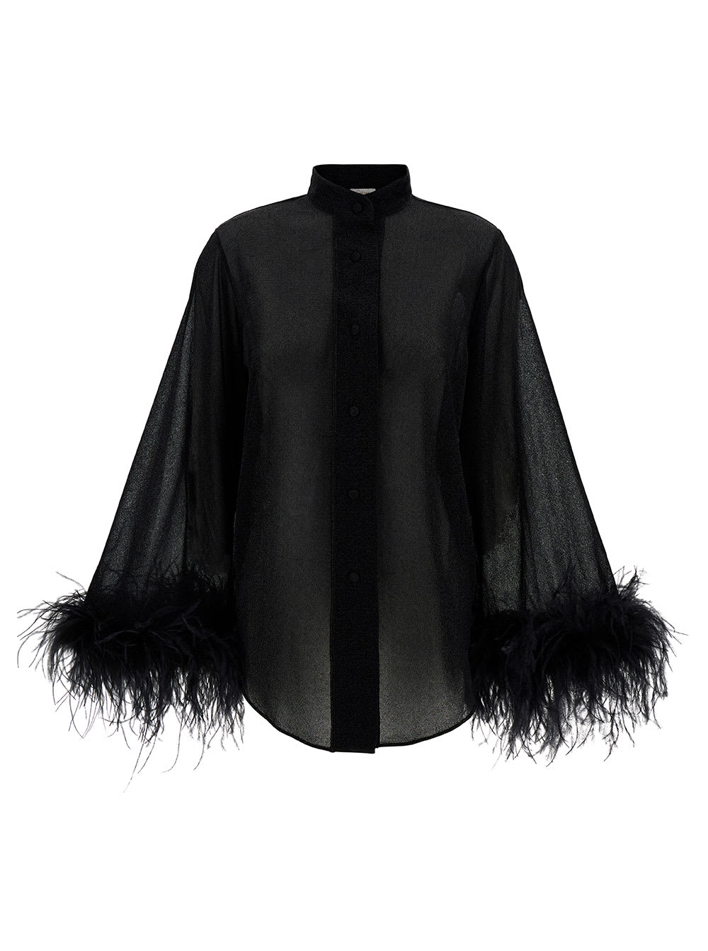Oseree 'lumière' Black Relaxed Shirt With Tonal Feathers In Polyamide Blend Woman In Black