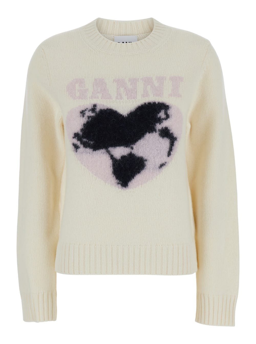 GANNI WHITE CREWNECK SWEATER WITH GANNI LOVE INTARSIA IN WOOL WOMAN 