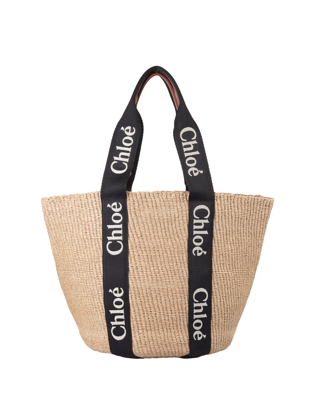 Chloé Woody Large Basket Bag In Raffia With Black Chloé Ribbons