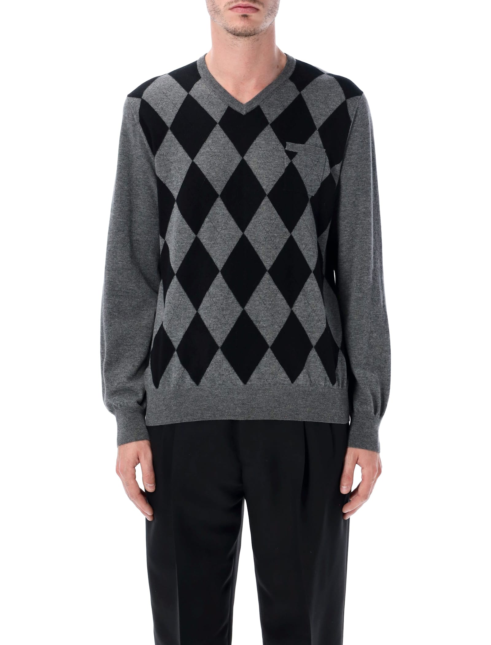 Ferragamo Grey Virgin Wool Argyle V-neck Sweater In Gray