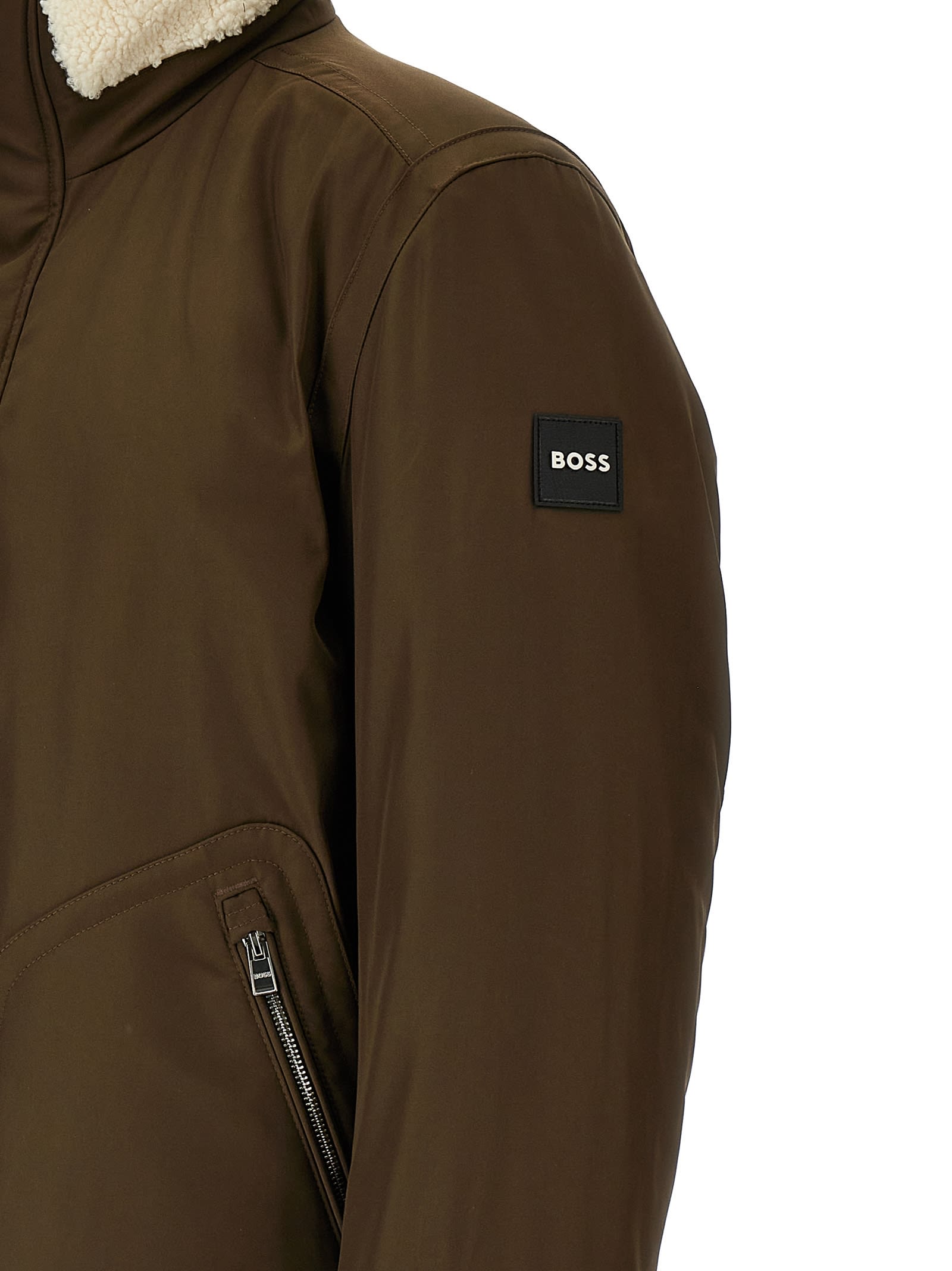 Hugo Boss Water-repellent Jacket With Faux-fur Collar In Brown