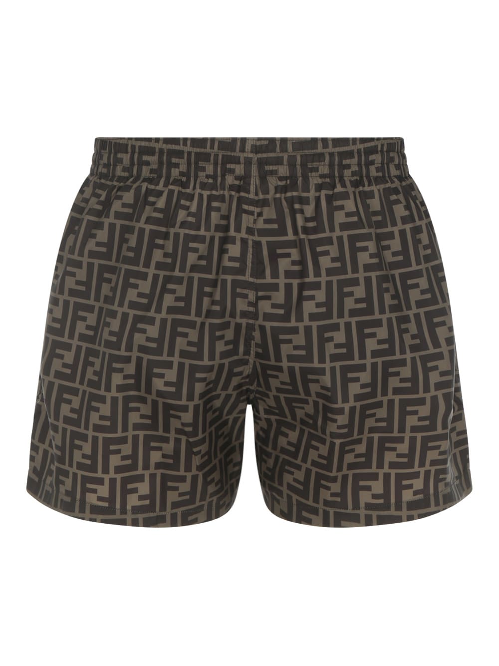 Fendi Tech Fabric With All-over Ff Pattern Swim Shorts In Brown