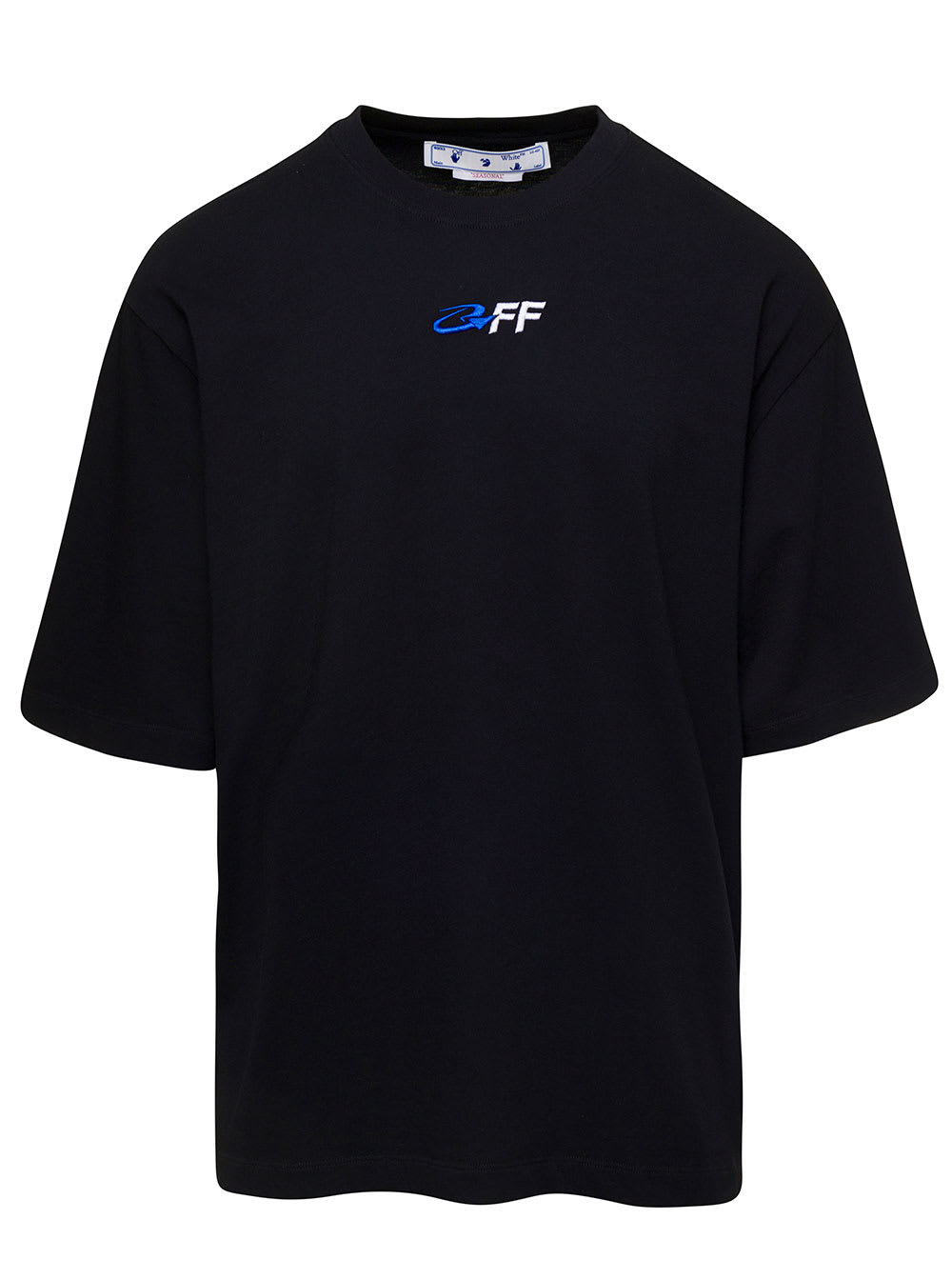 OFF-WHITE T-SHIRT WITH EMBROIDERED LOGO AND LOGO PRINT IN BLACK COTTON MAN