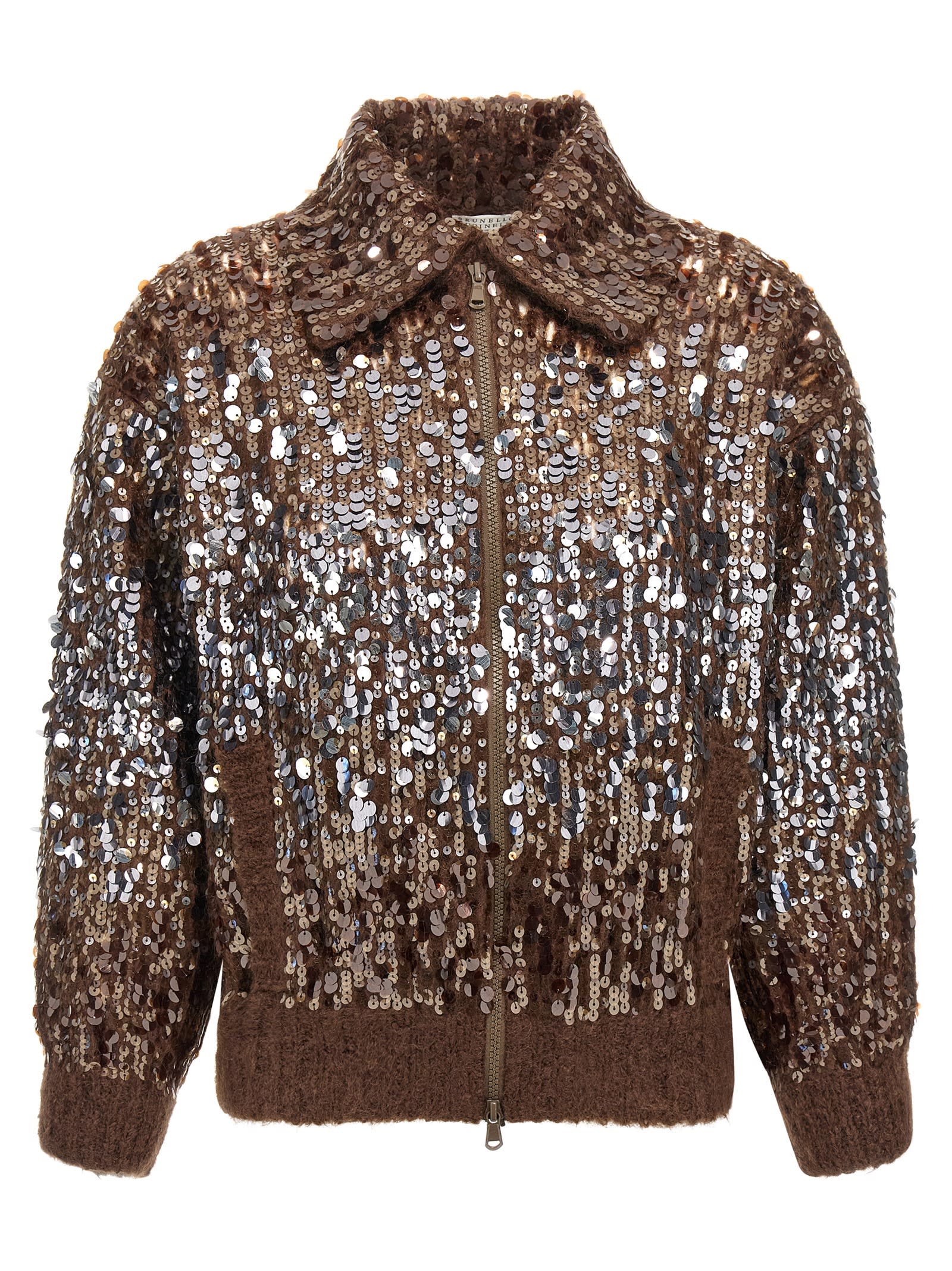 Brunello Cucinelli Sparkling Ombre Embroidery Cardigan In Brown