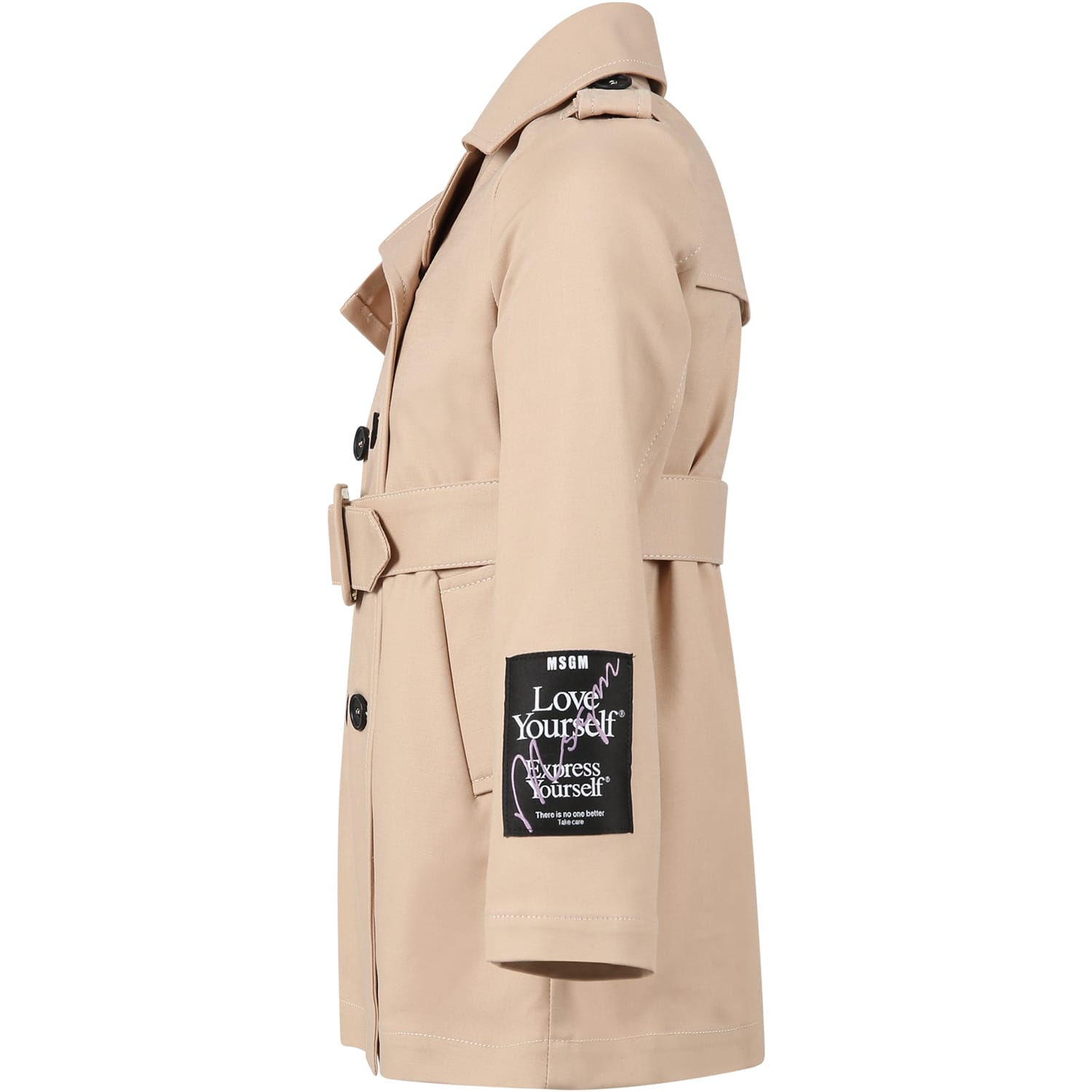 Shop Msgm Beige Coat For Girl With Hearts And Logo