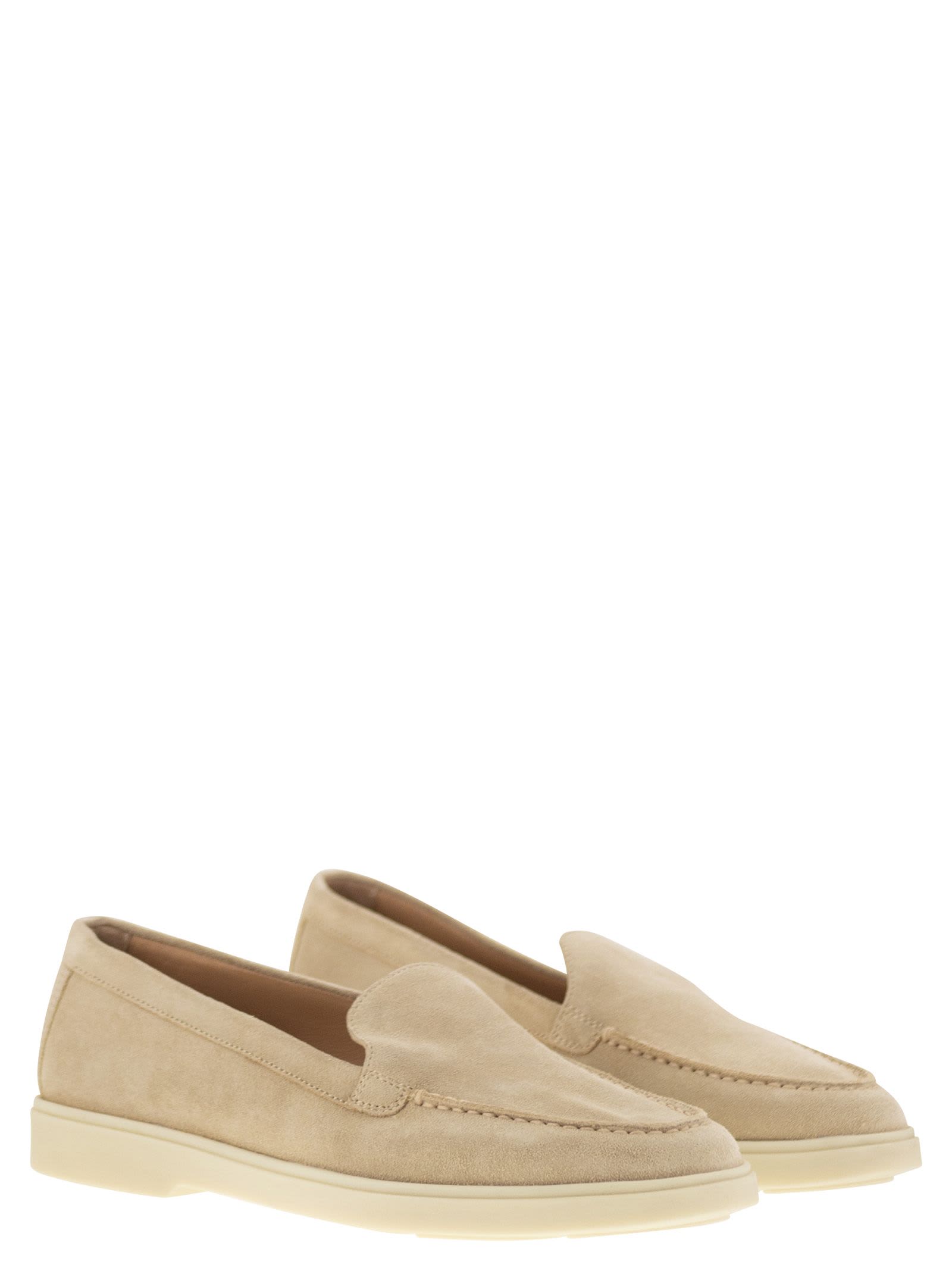 Shop Santoni Suede Moccasin In Beige